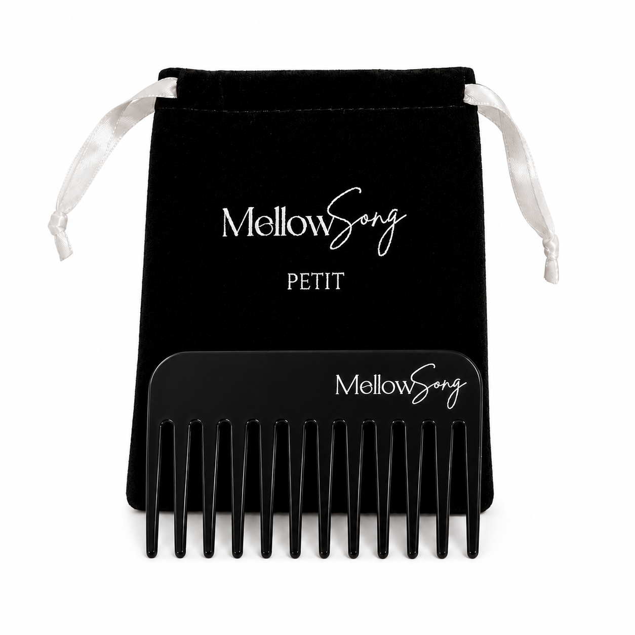 Black comb with 'Mellow Song' branding on a black drawstring bag.