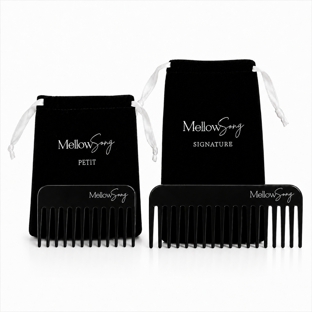 The Duo hair comb set in Midnight, featuring one large Signature acetate comb and one small Petit acetate comb, with branded Mellowsong velvet travel bags.