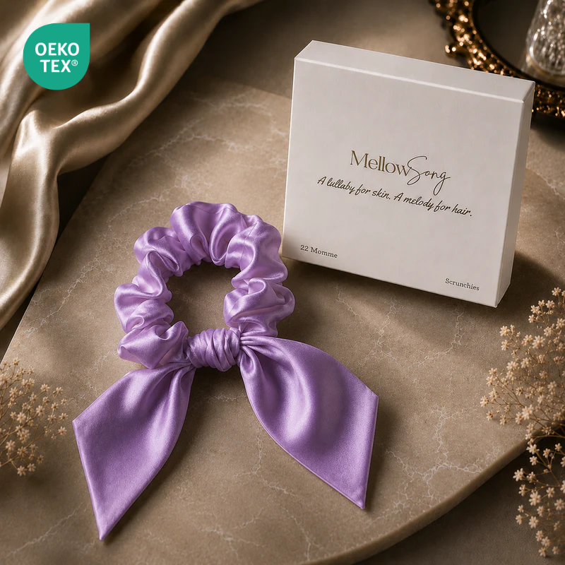 Lilac silk midi bow scrunchie with luxury gift box packaging