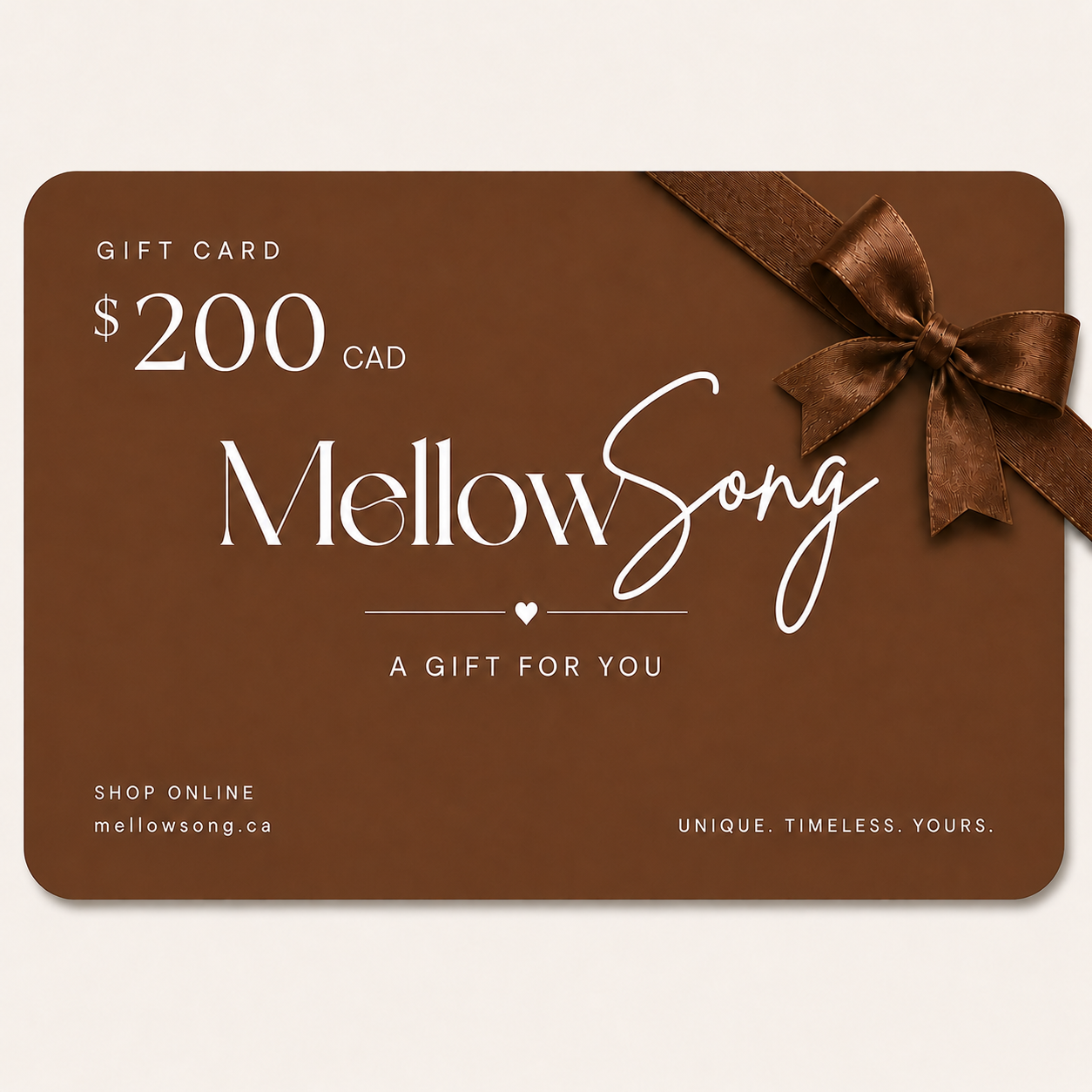 Brown gift card with 'Mellow Song' branding and a bow on a white background