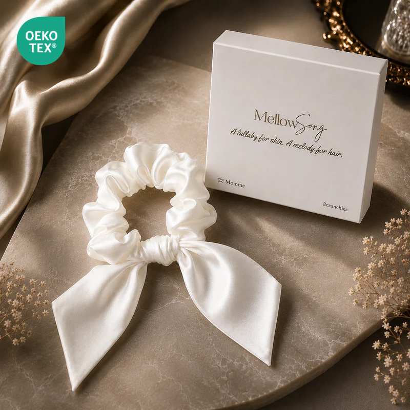 White silk midi bow scrunchie with luxury gift box packaging
