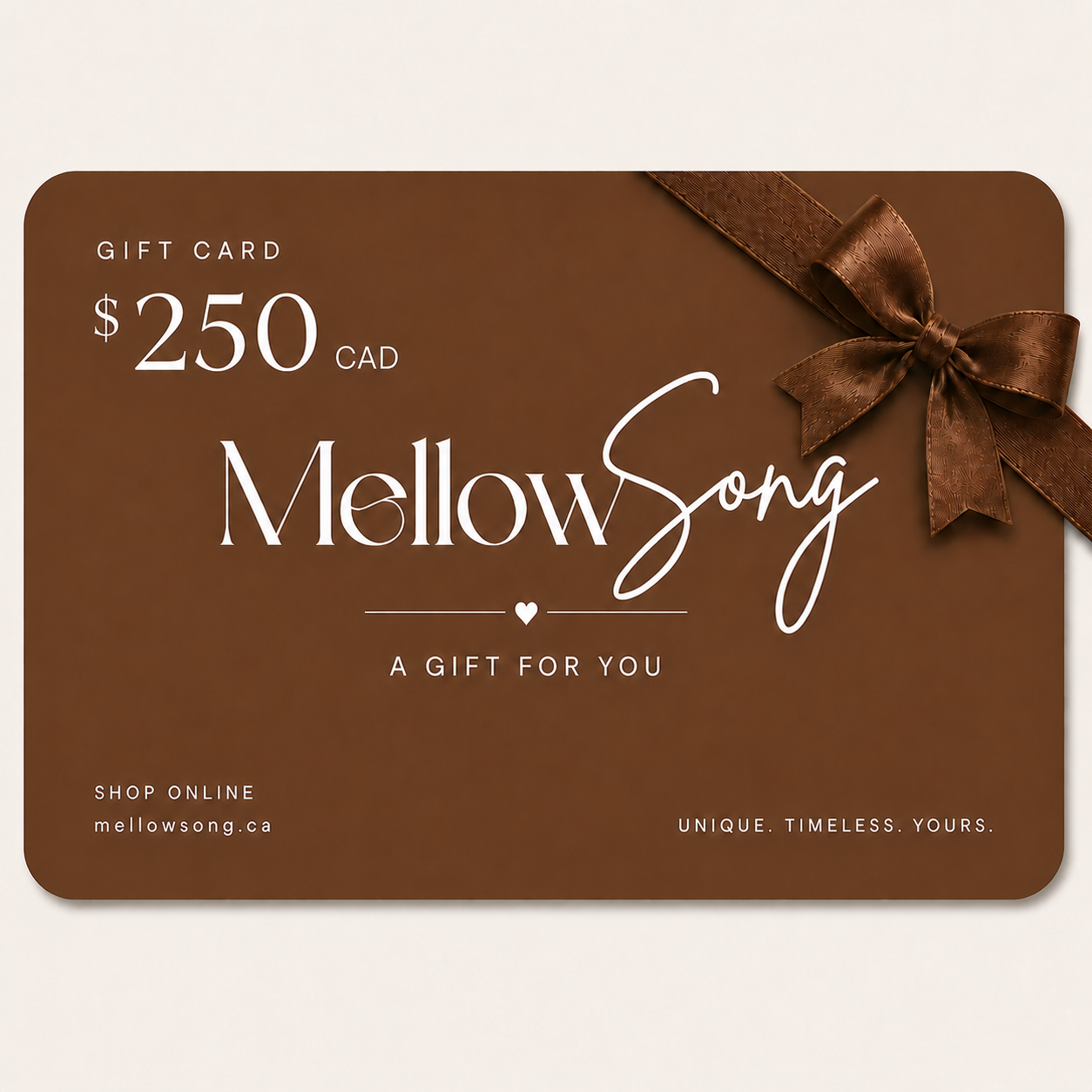 Brown gift card with 'Mellow Song' branding and a bow on a white background