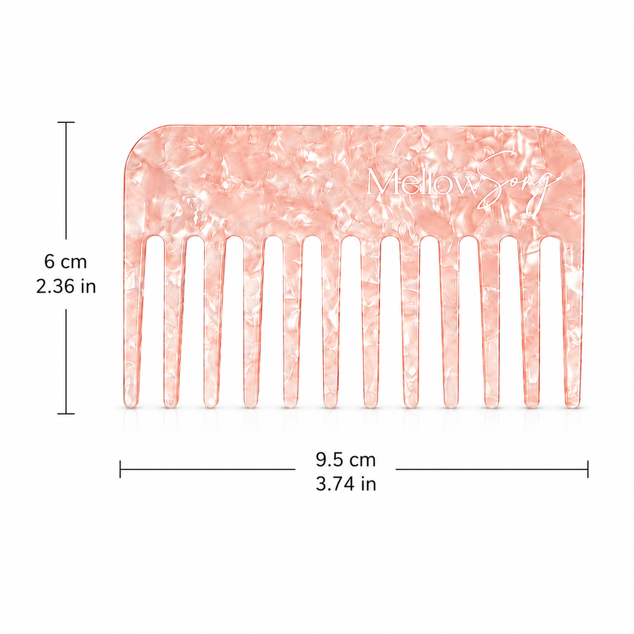 Pink marbled comb with measurements(6cm by 9.5cm) on a white background
