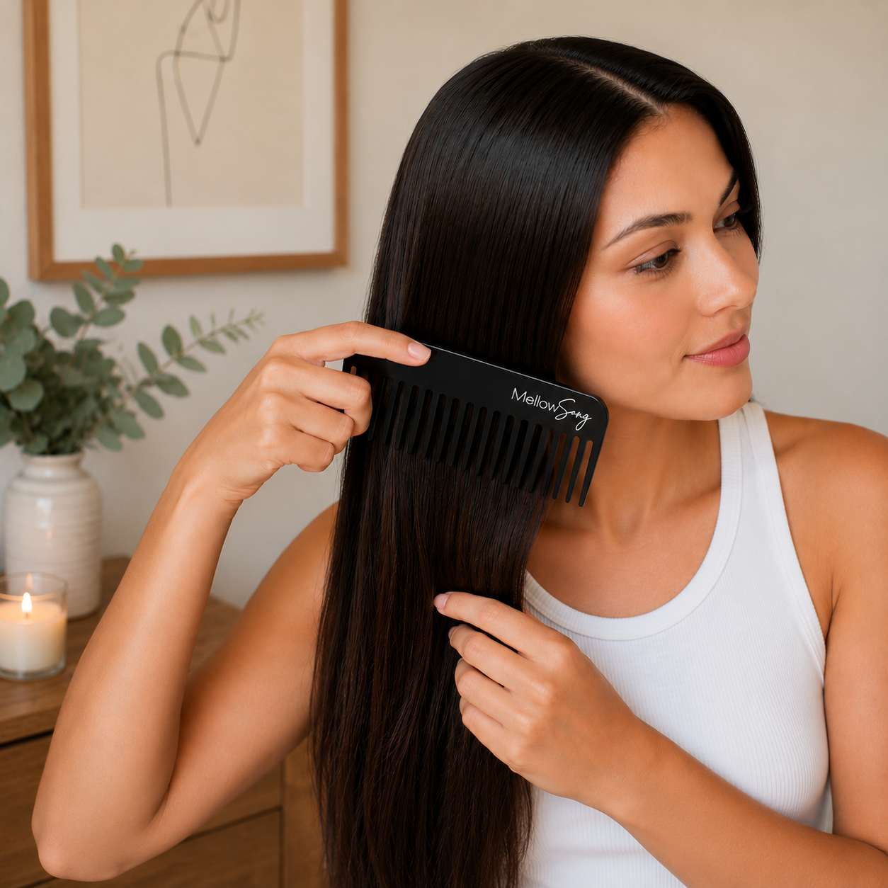 Woman combing her hair with a black comb in a home setting