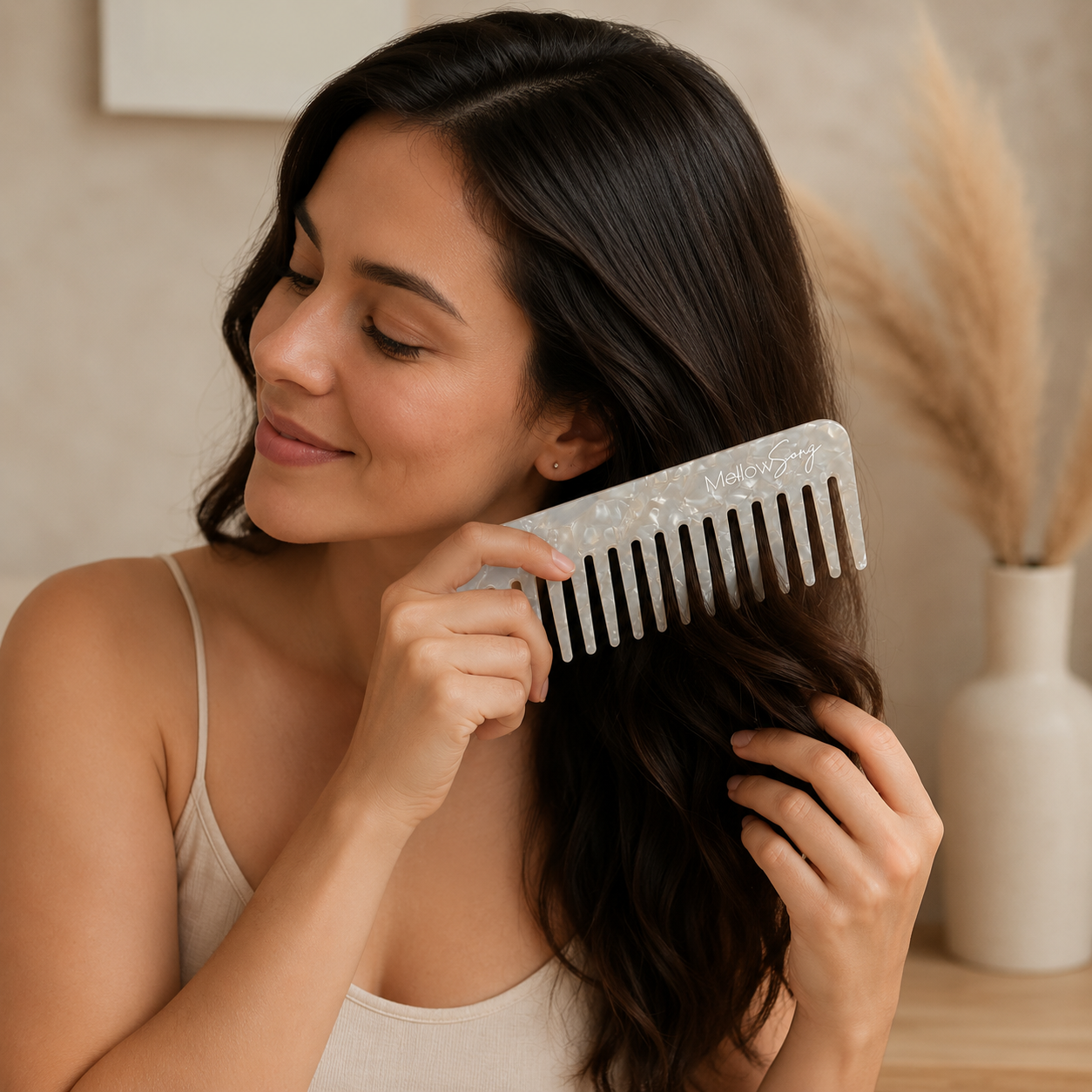 Woman combing her hair with a decorative comb in a warm indoor setting