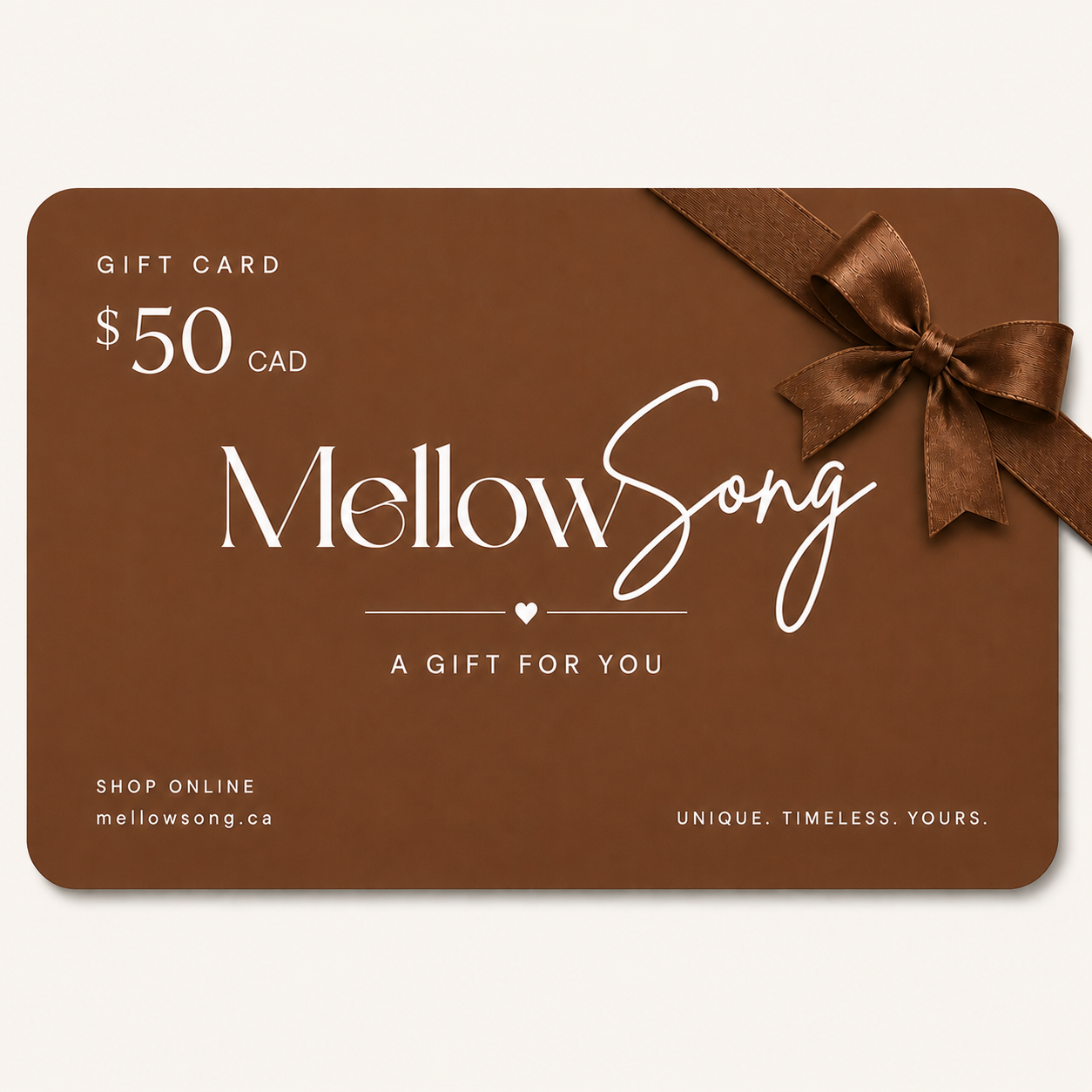 Brown gift card with 'Mellow Song' branding and a bow on a white background