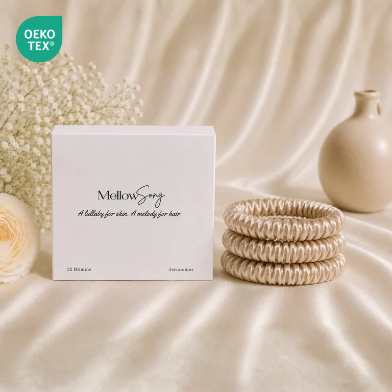 Beige 22 momme silk scrunchie with luxury gift packaging