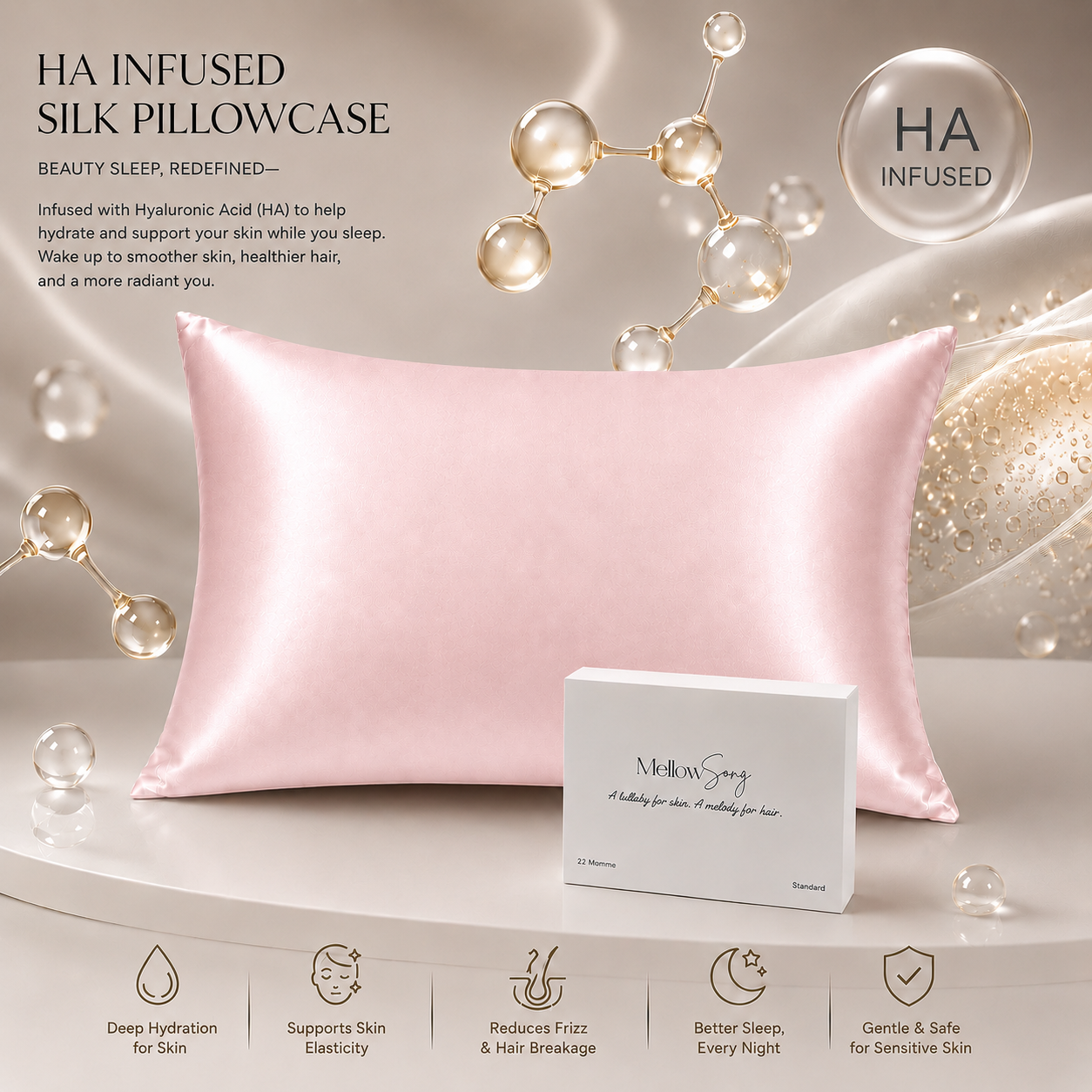 Pink silk pillowcase with Mellow Song packaging on a decorative background