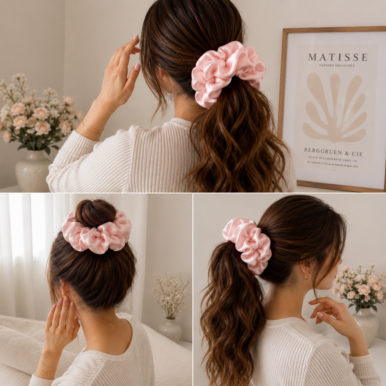 Different hairstyles styled with a luxury silk grant pink scrunchie