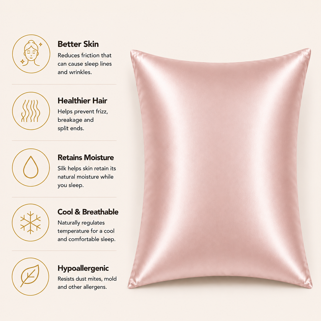 Silk pillowcase with benefits listed on a light background