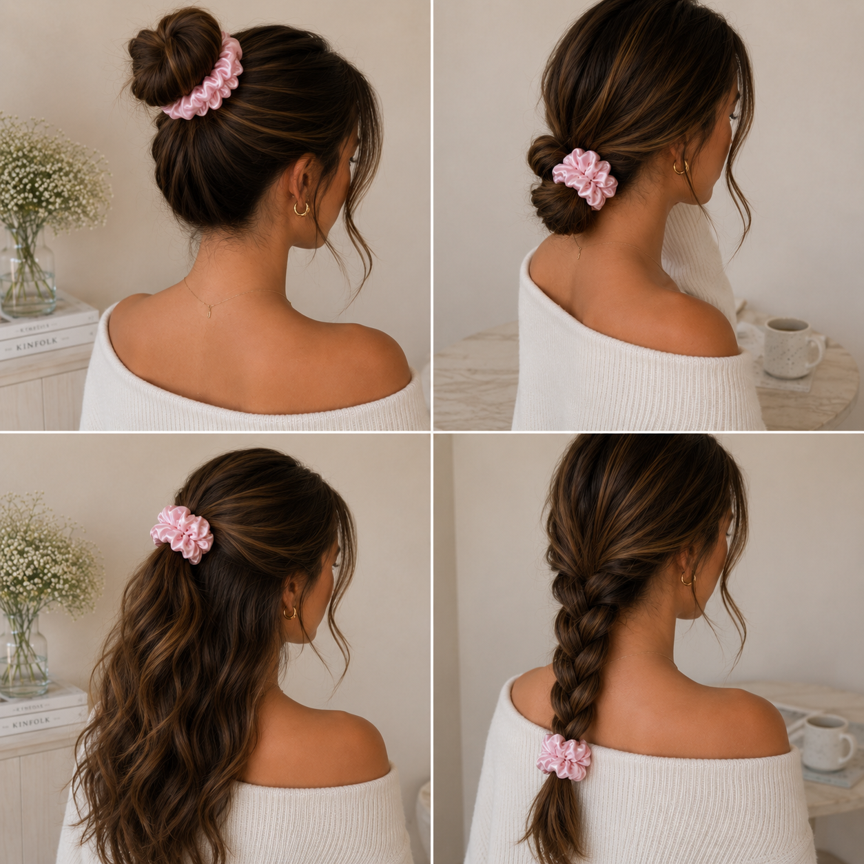 Different hairstyles styled with a luxury classic pink scrunchie