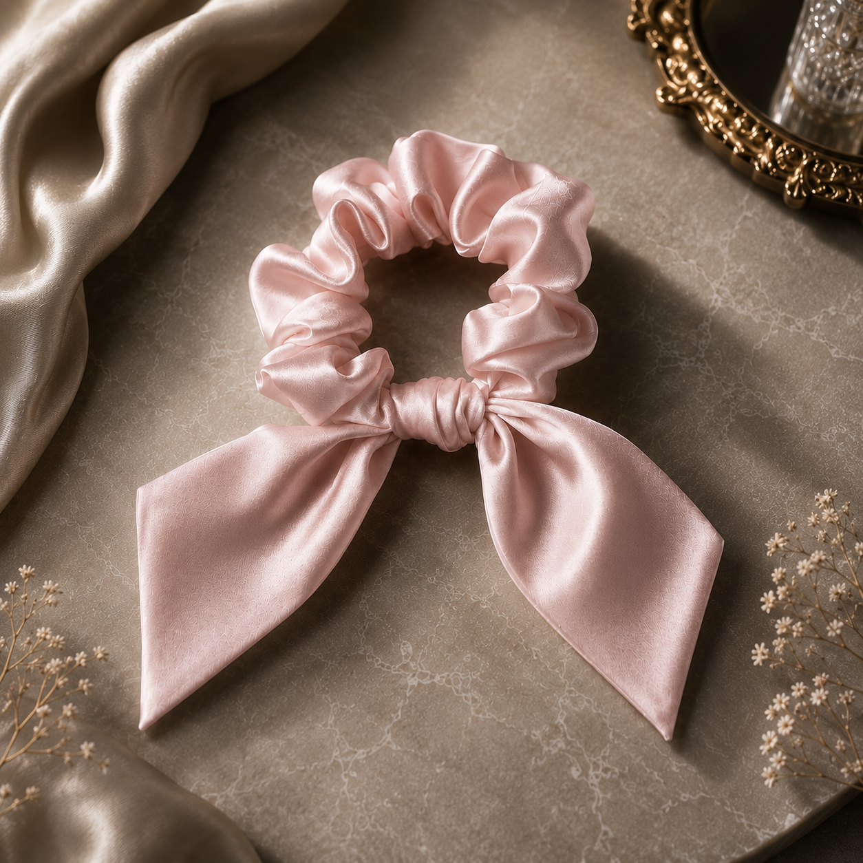 Elegant pink silk midi bow scrunchie with flowing ribbon design