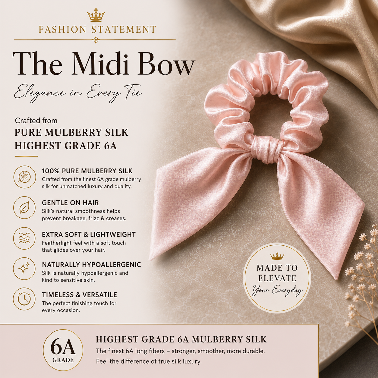 Pink silk midi bow scrunchie product features and care information