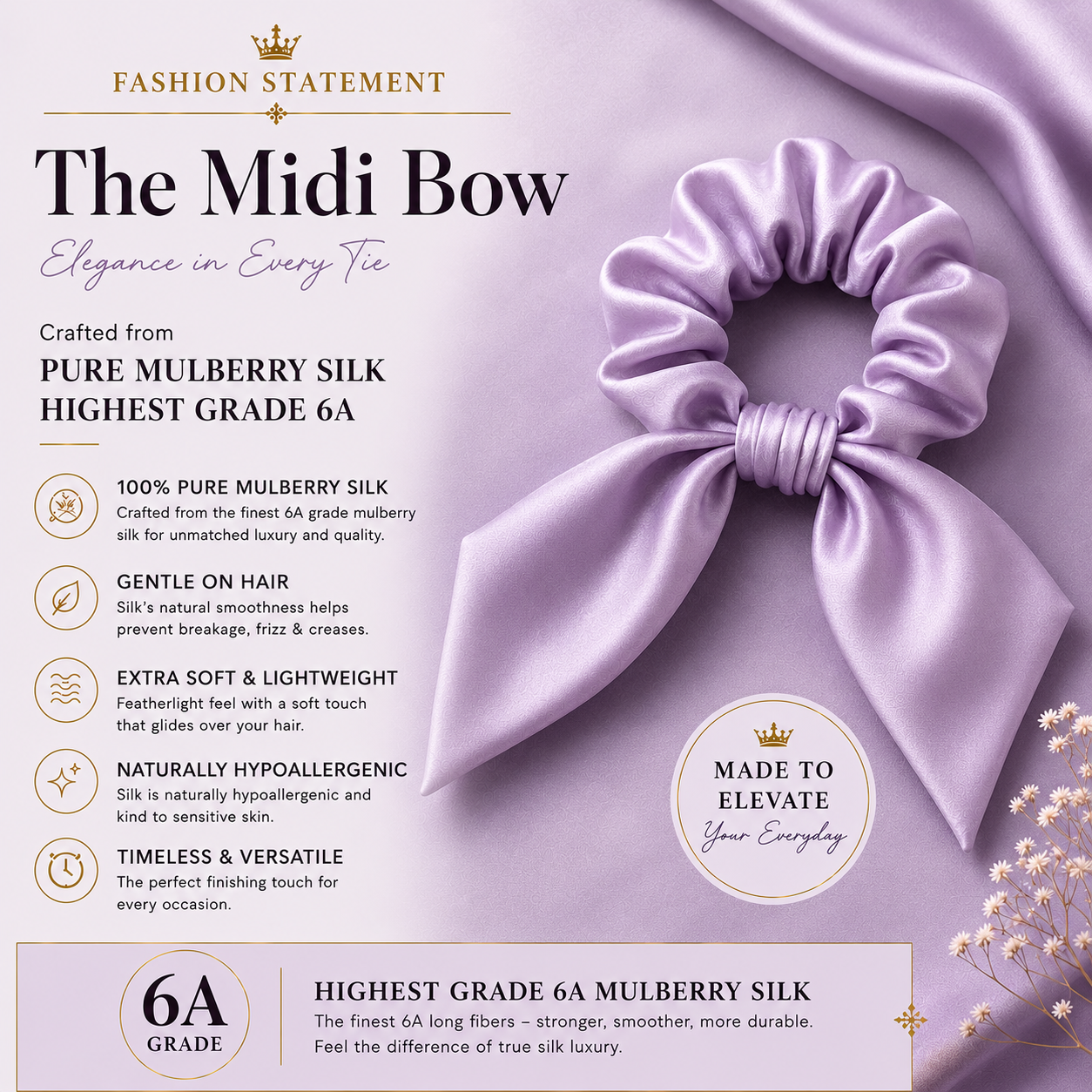 Lilac silk midi bow scrunchie product features and care information