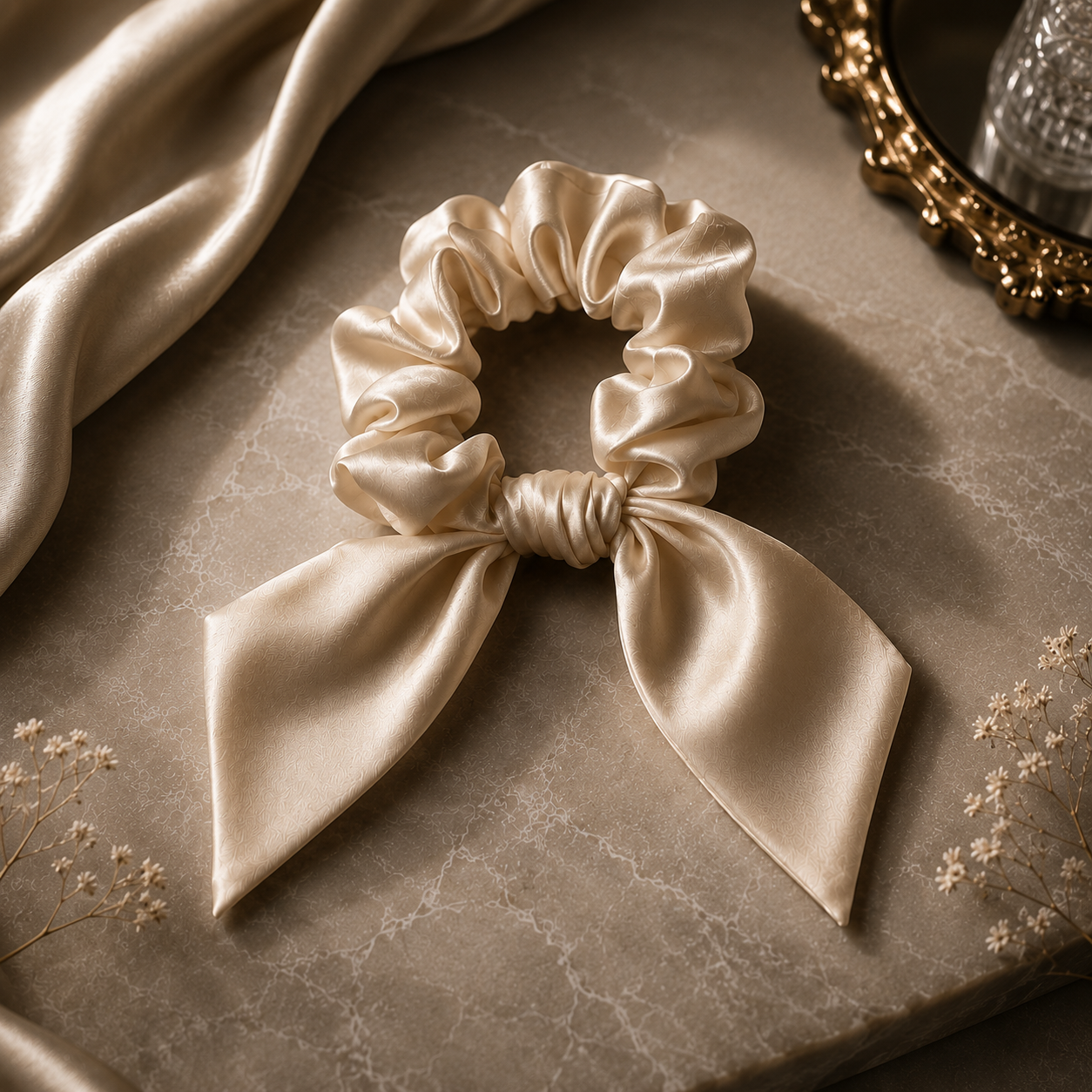 Elegant beige silk midi bow scrunchie with flowing ribbon design