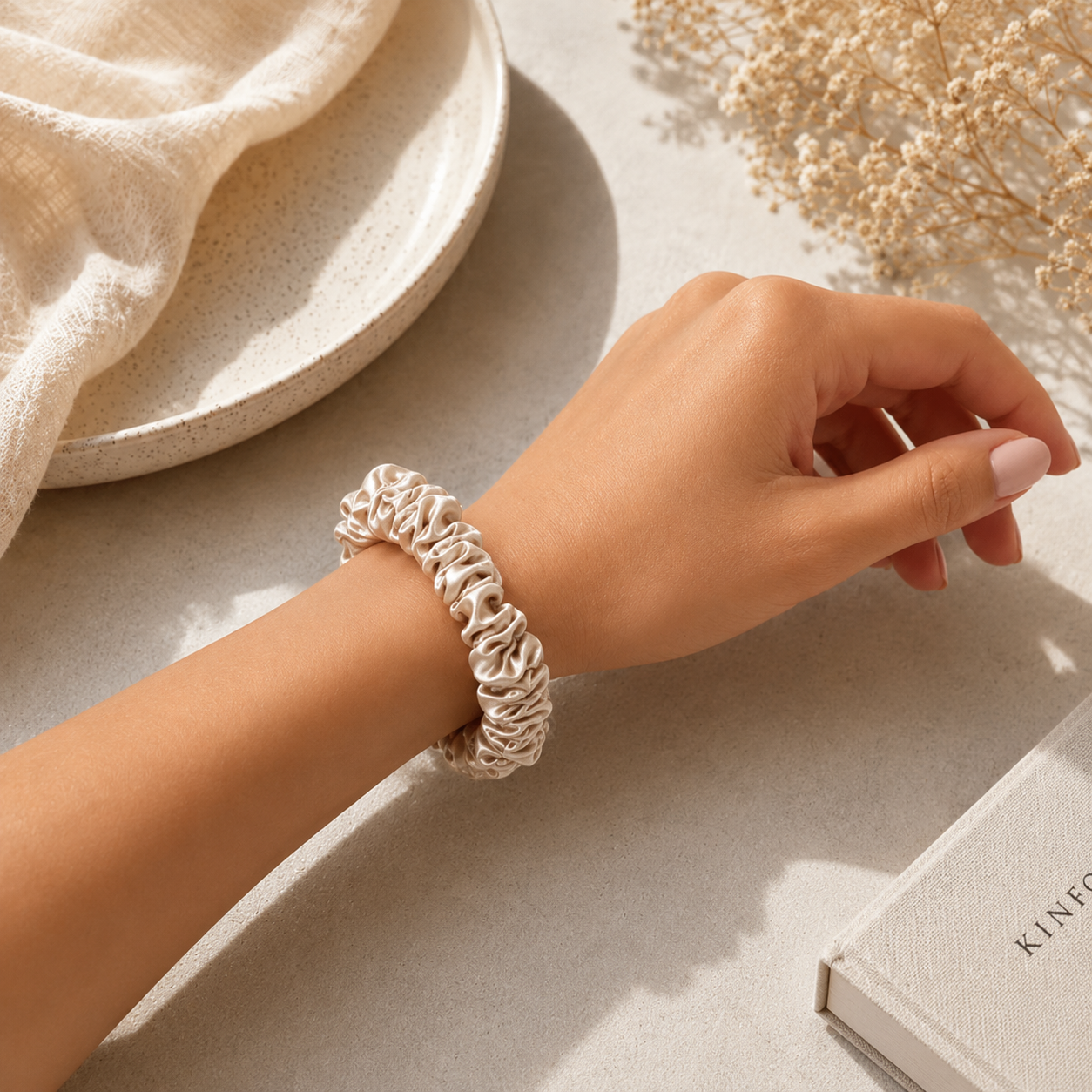 Champagne silk scrunchie worn as an elegant wrist accessory