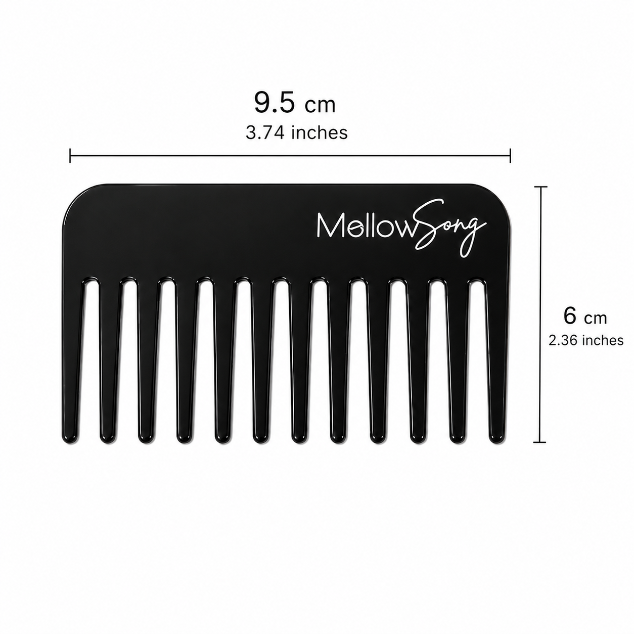 Black comb with 'Mellow Song' branding and measurements (9.5 cm by 6 cm) on a white background