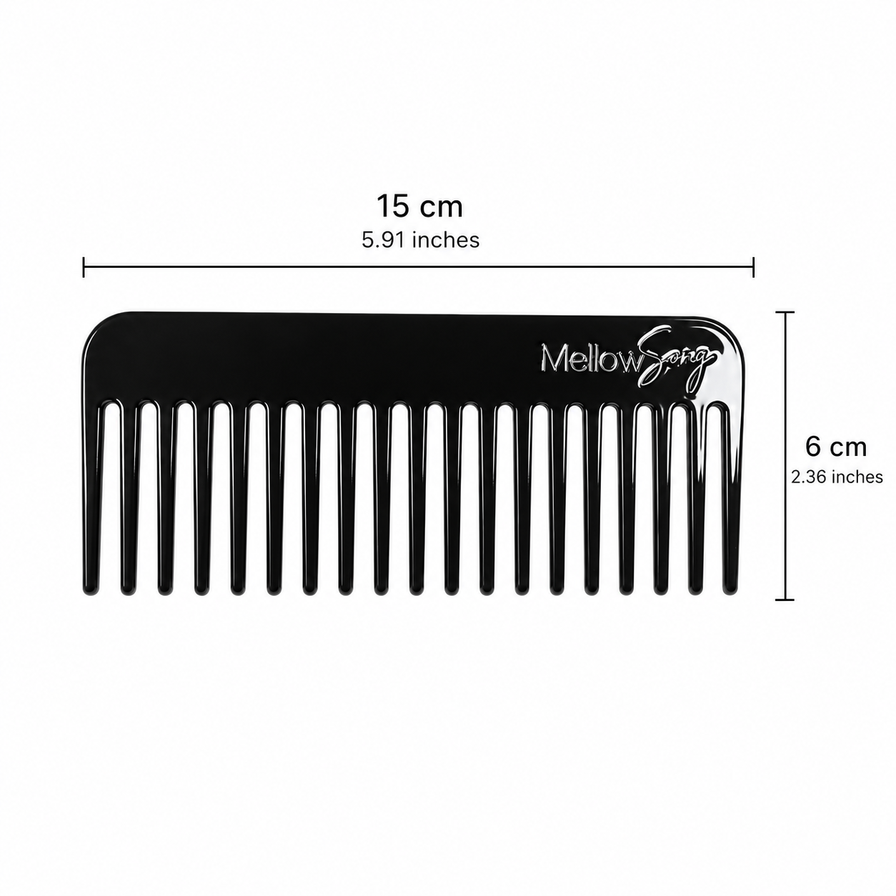 Black comb with measurements(15cm by 6cm) on a white background