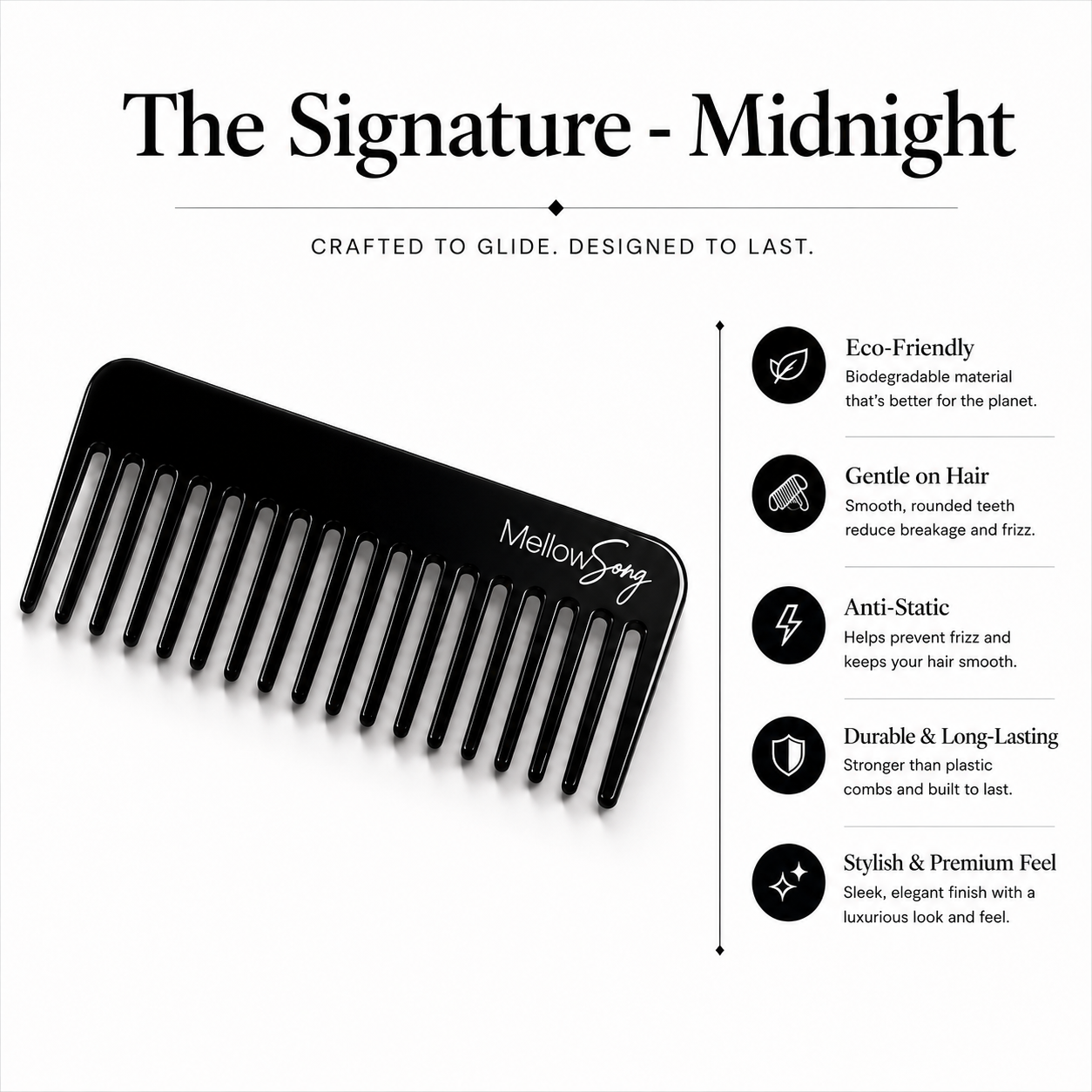 Black comb with Mellow Song branding on a white background, featuring product details.