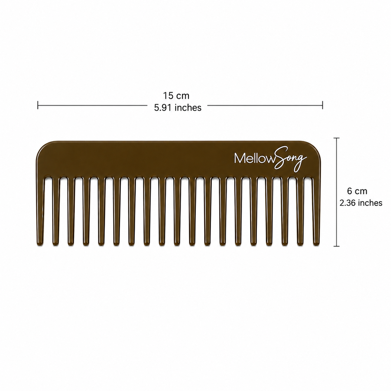 Brown comb with 'Mellow Song' branding and measurements(15cm by 6cm) on a white background