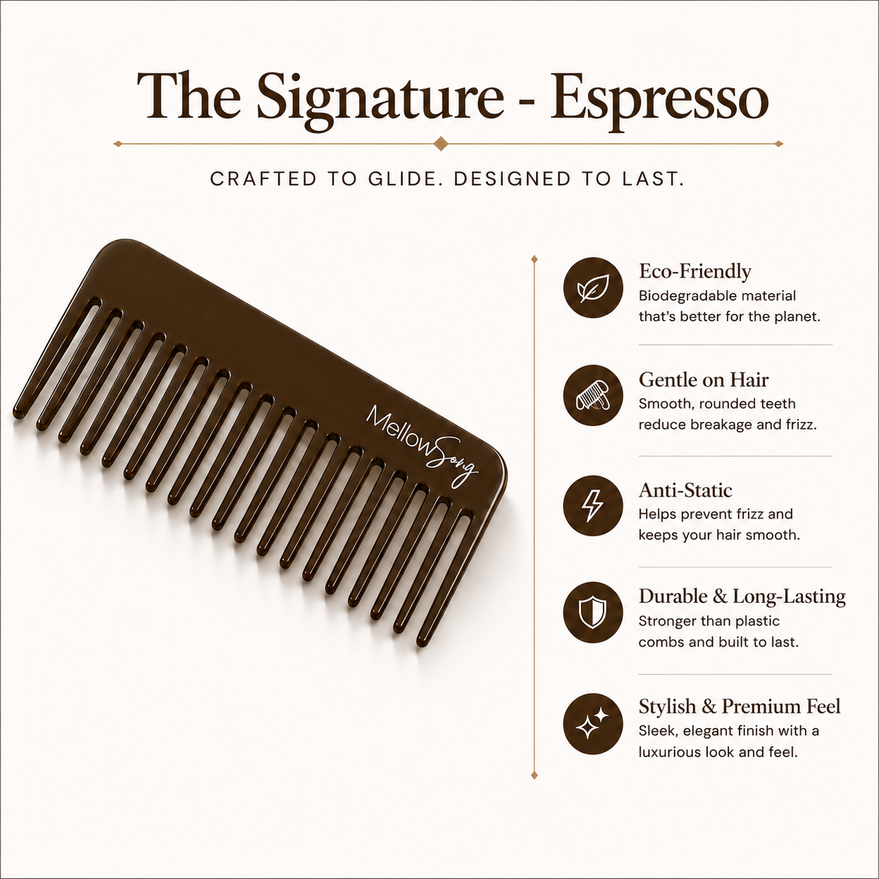Brown comb with Mellowogoo branding on a white background, featuring product details.