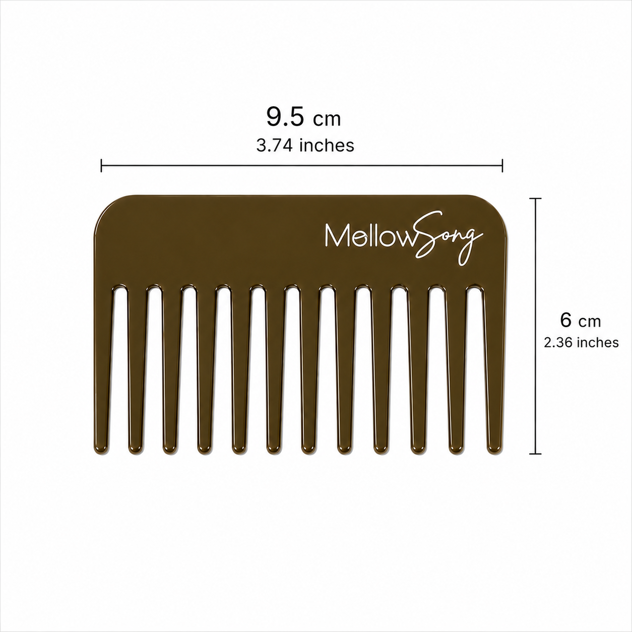 Brown comb with 'MellowSong' branding and measurements(9.5cm by 6cm) on a white background