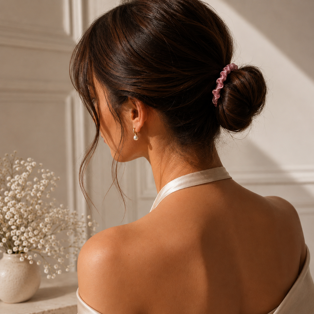 silk scrunchie styled in a sleek low bun hairstyle