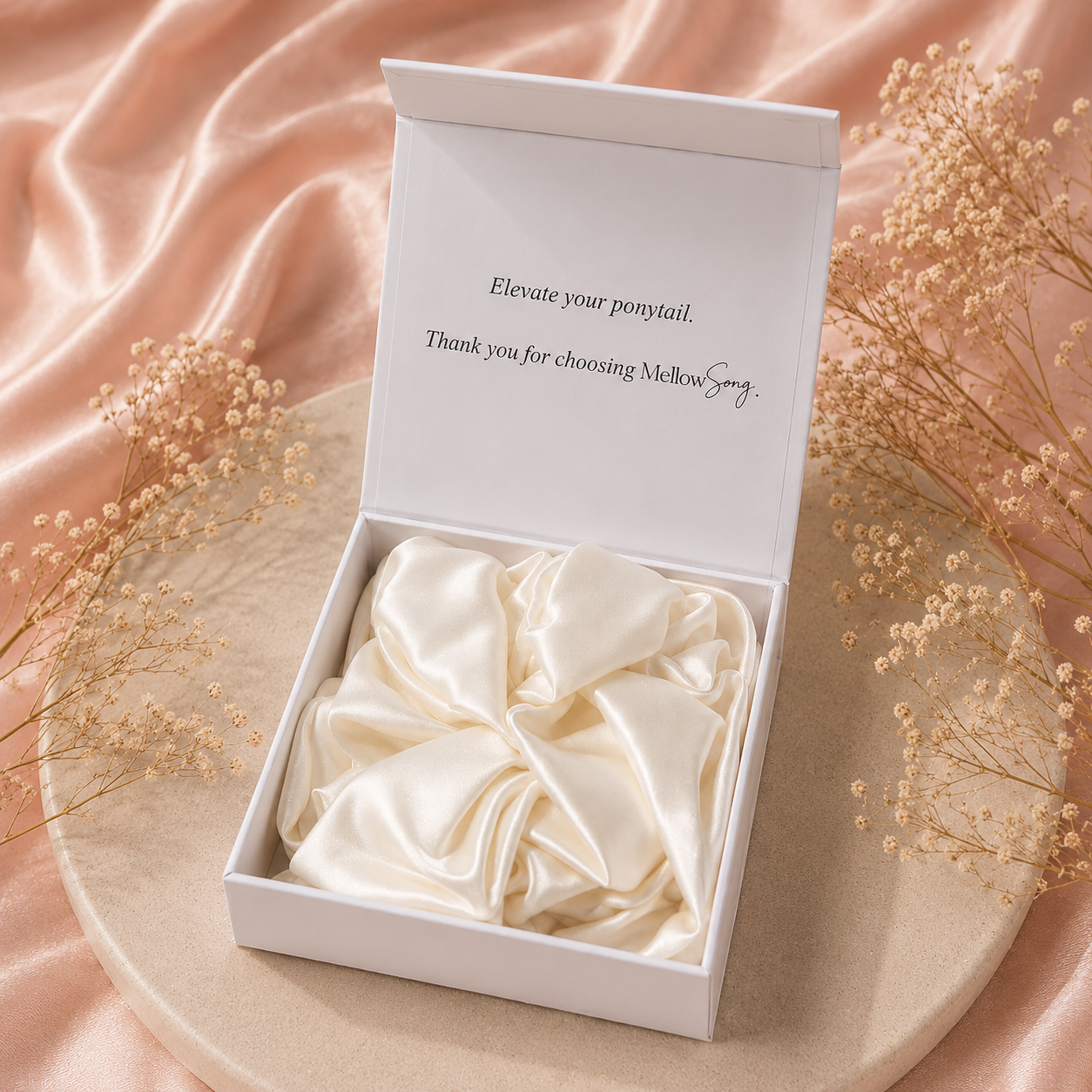 white 22 momme silk grand scrunchie in luxury gift box packaging
