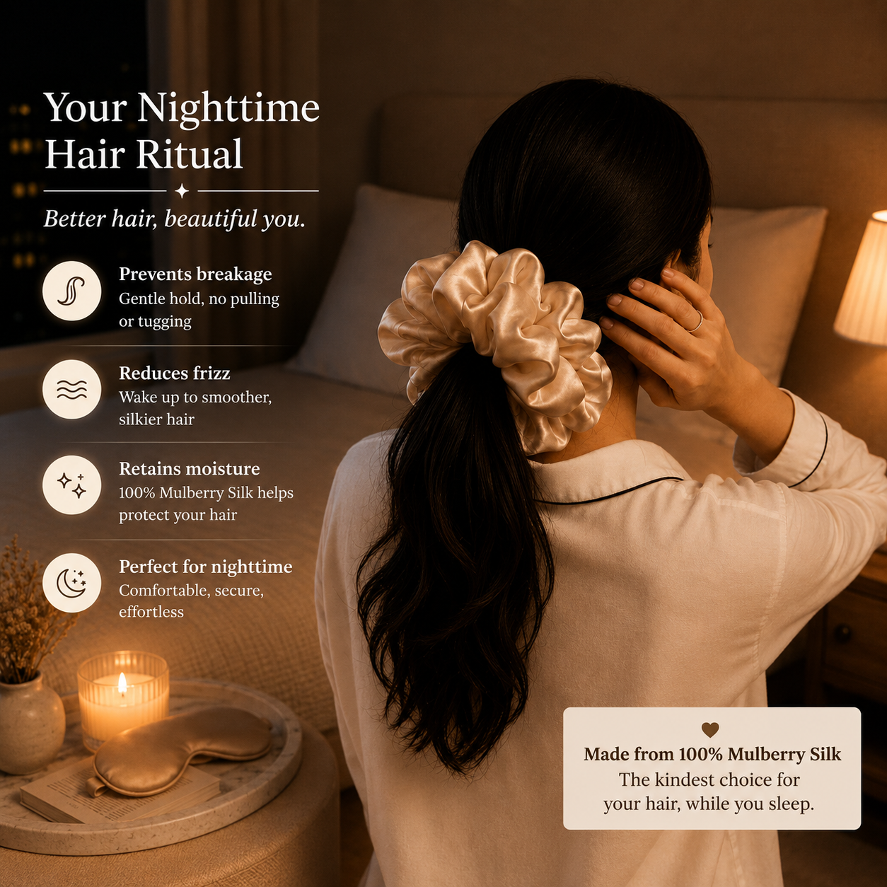 22 momme silk grand beige scrunchie features and product information