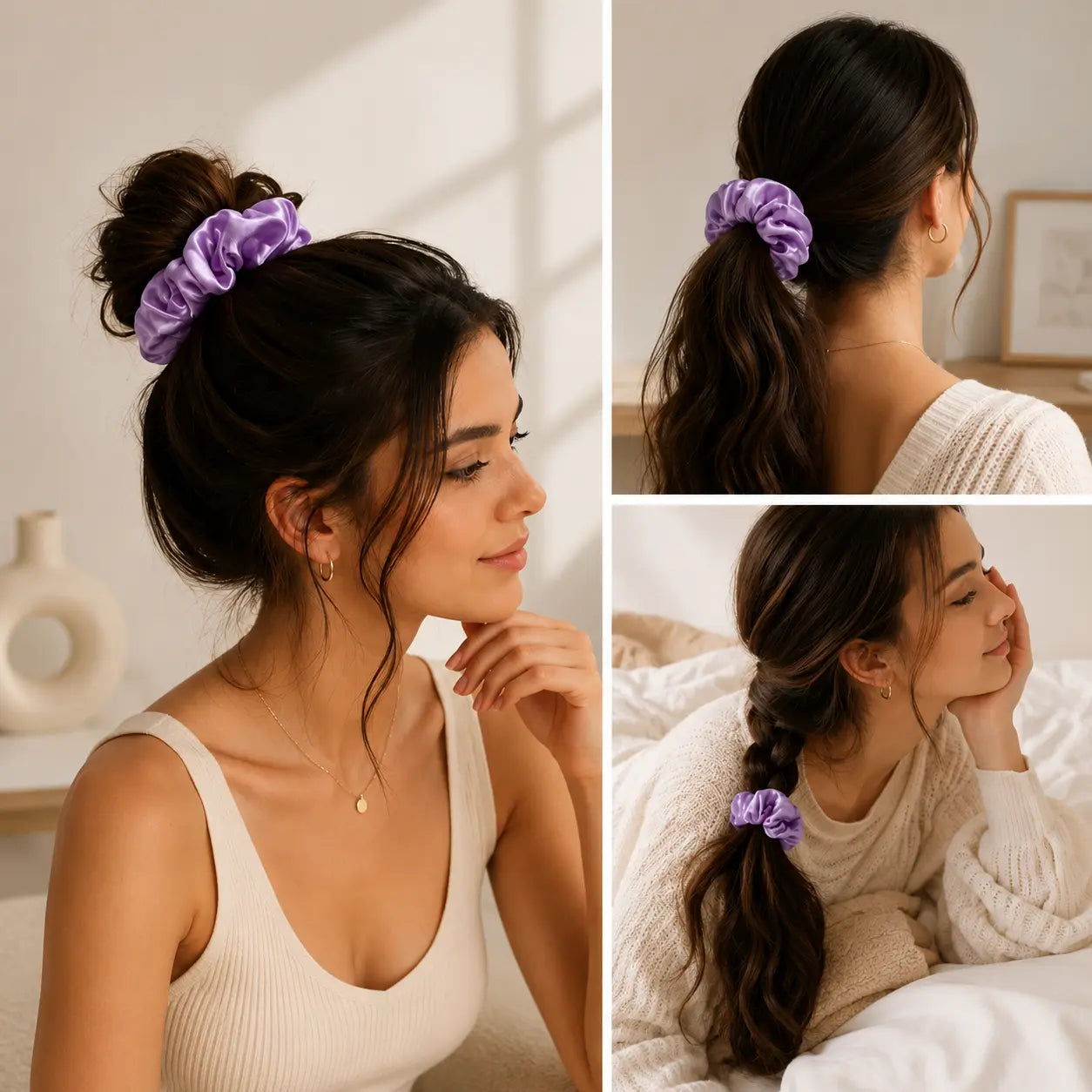 Different hairstyles styled with a luxury silk classic lilac scrunchie