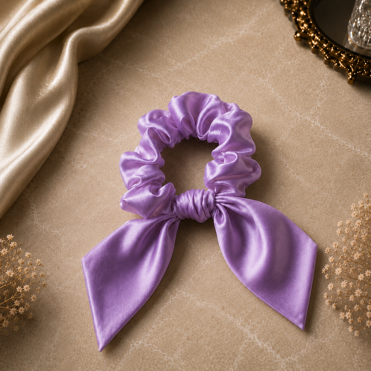 Elegant lilac silk midi bow scrunchie with flowing ribbon design
