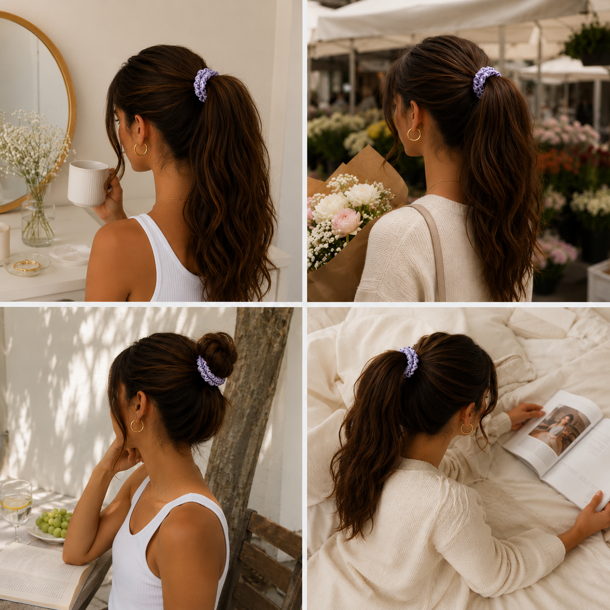 Different hairstyles styled with a luxury silk lilac scrunchie