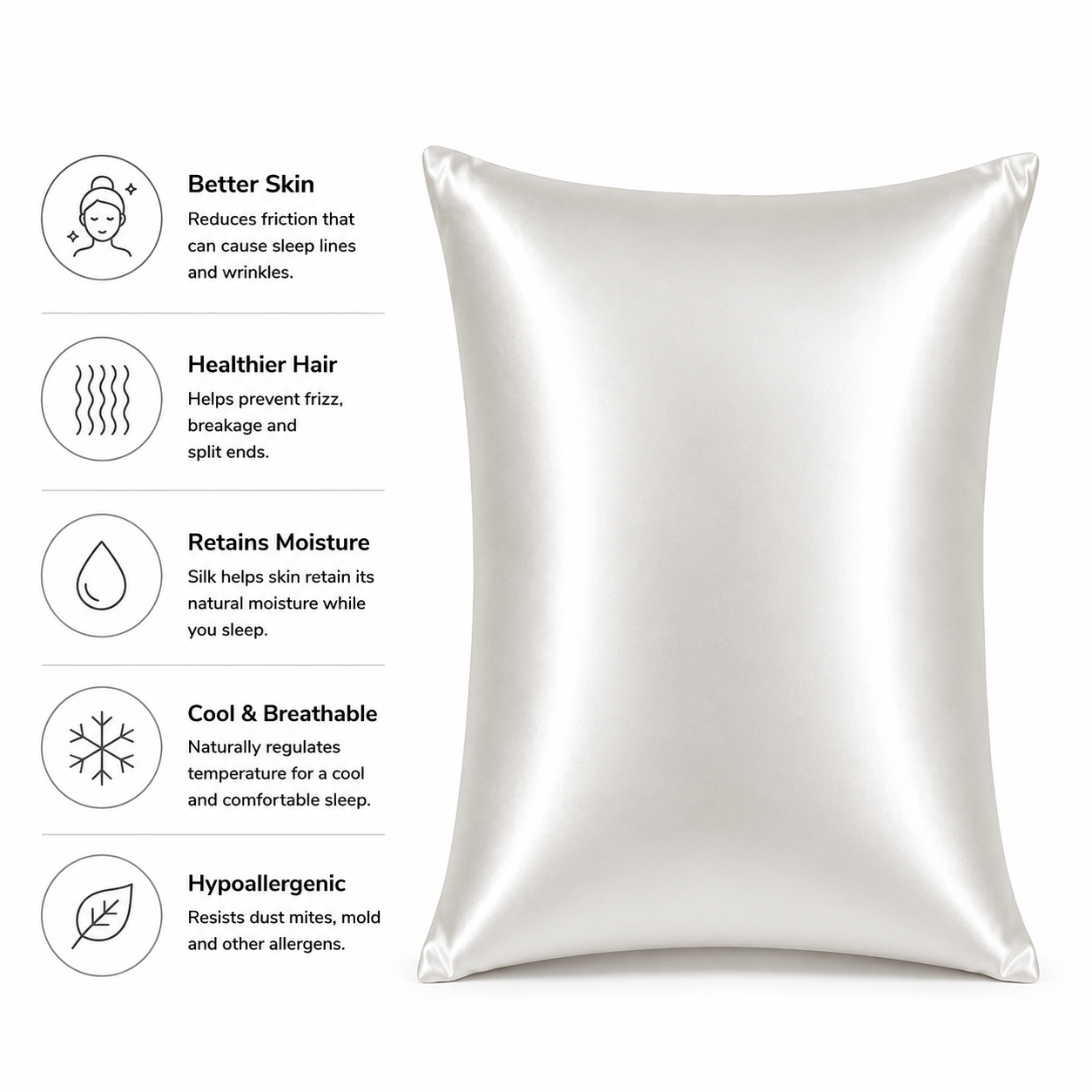 Silk pillowcase with benefits listed on a white background