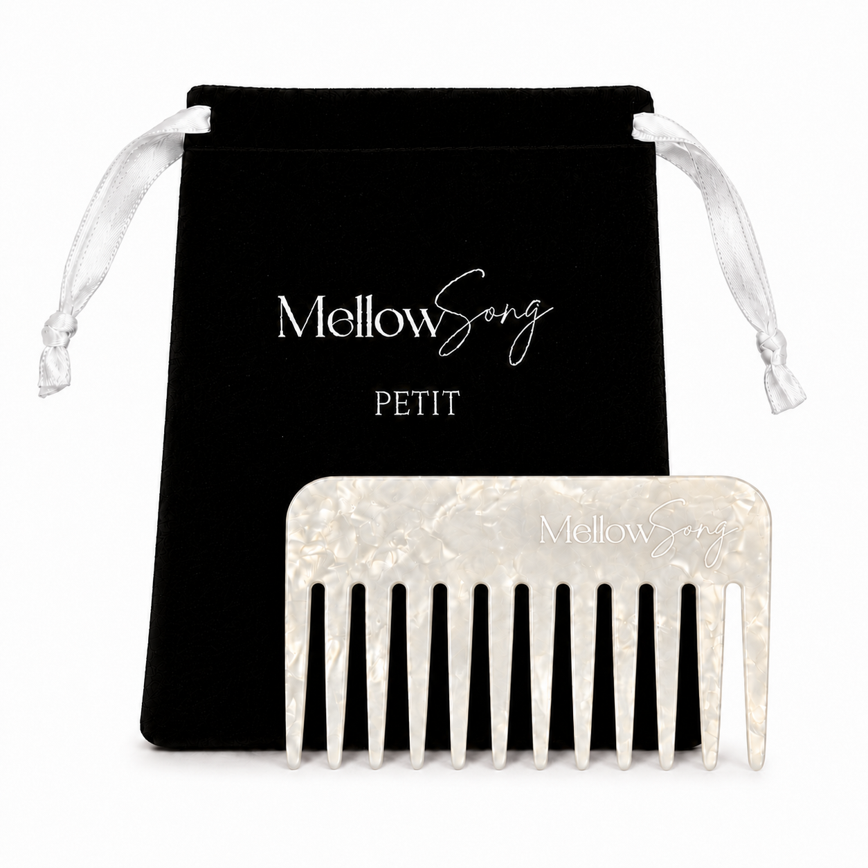 White comb with 'Mellow Song' branding on a black drawstring bag