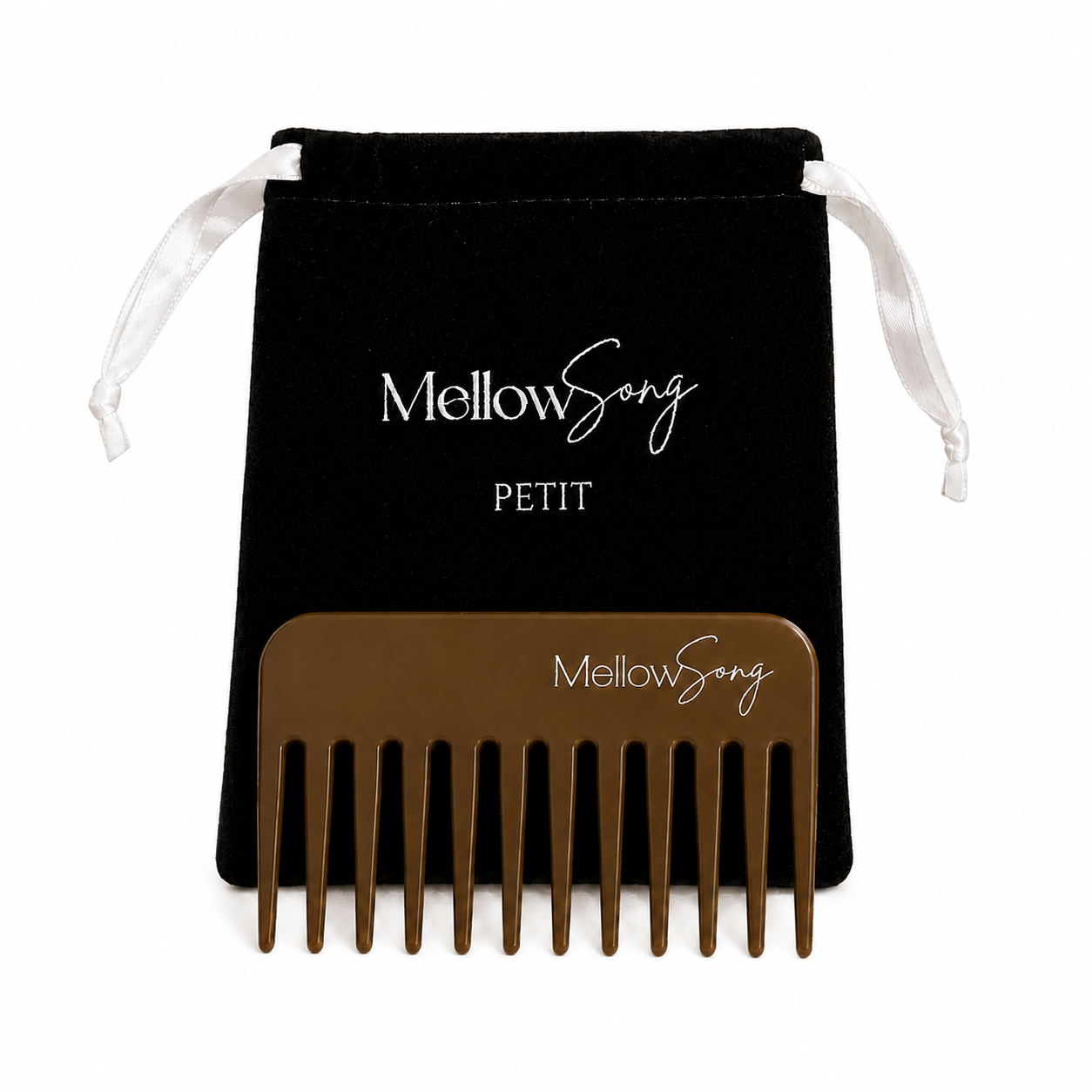 Brown comb with 'Mellow Song' branding on a black drawstring bag