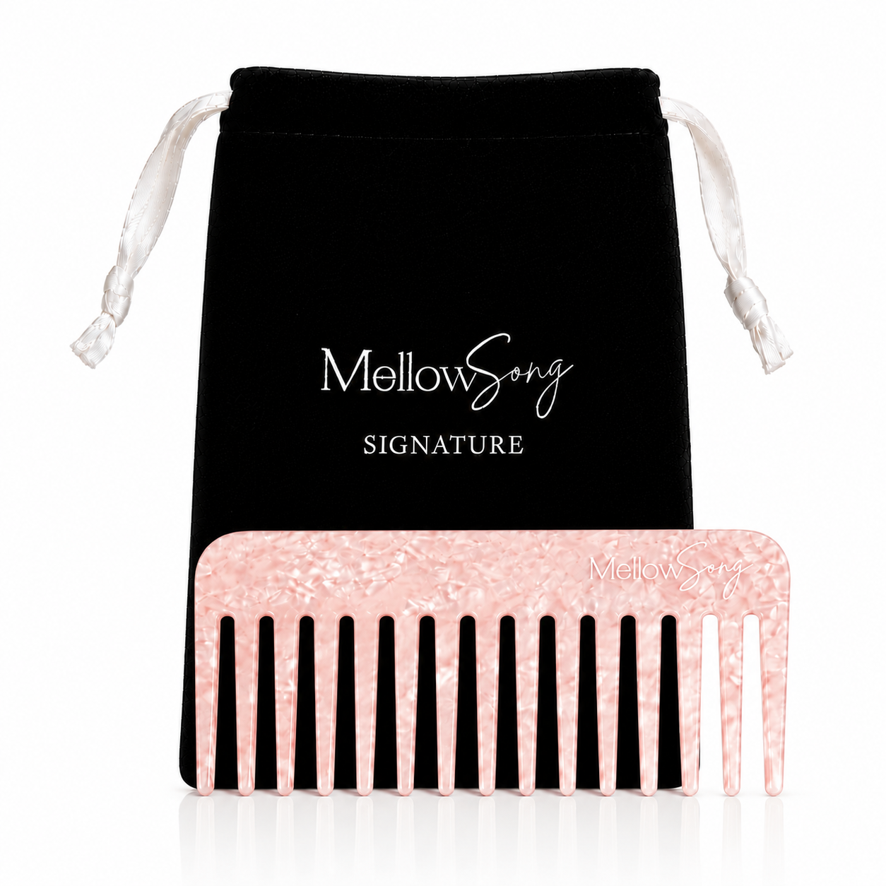 Pink comb with 'Mellow Song' branding on a black drawstring bag.