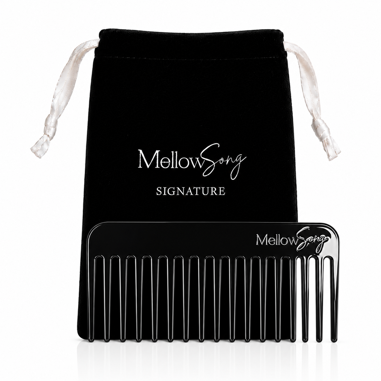 Black comb with 'MellowSong' branding on a black drawstring bag with the same branding.