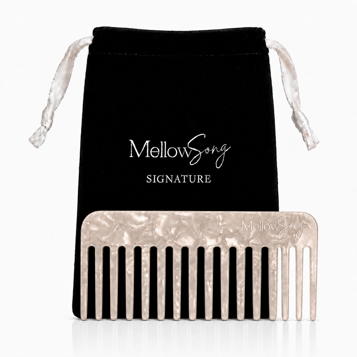 Marble-patterned comb with 'Mellow Song' branding on a black drawstring bag.