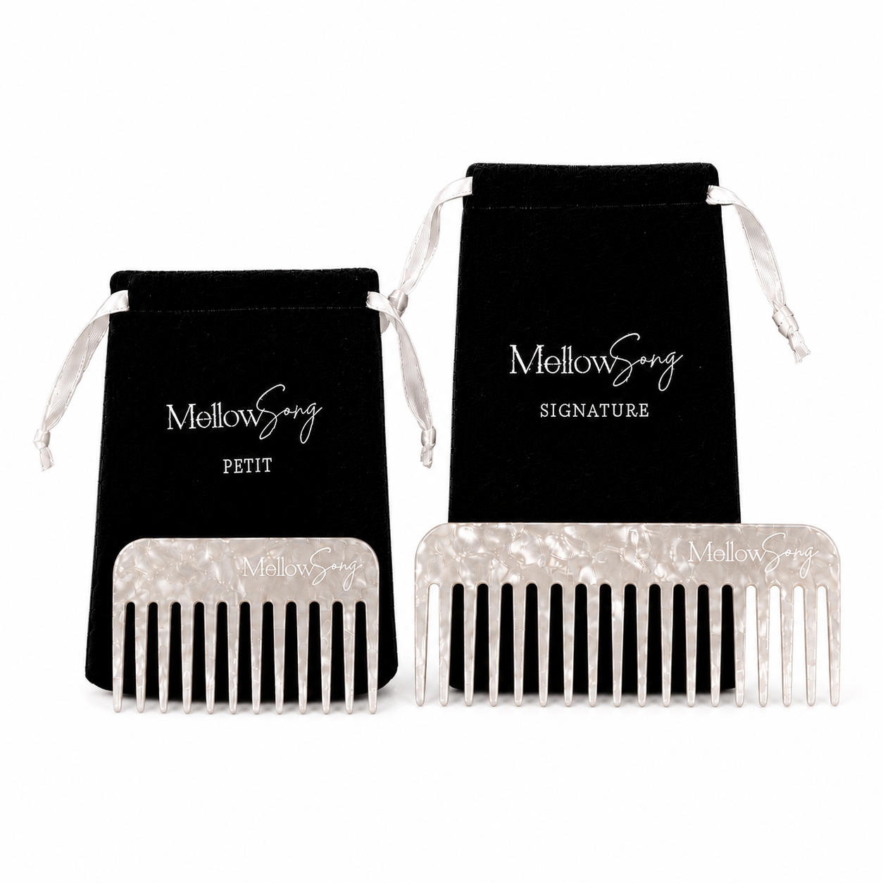 The Duo – Pearl hair comb set, featuring one large Signature acetate comb and one small Petit acetate comb with branded black velvet travel bags.