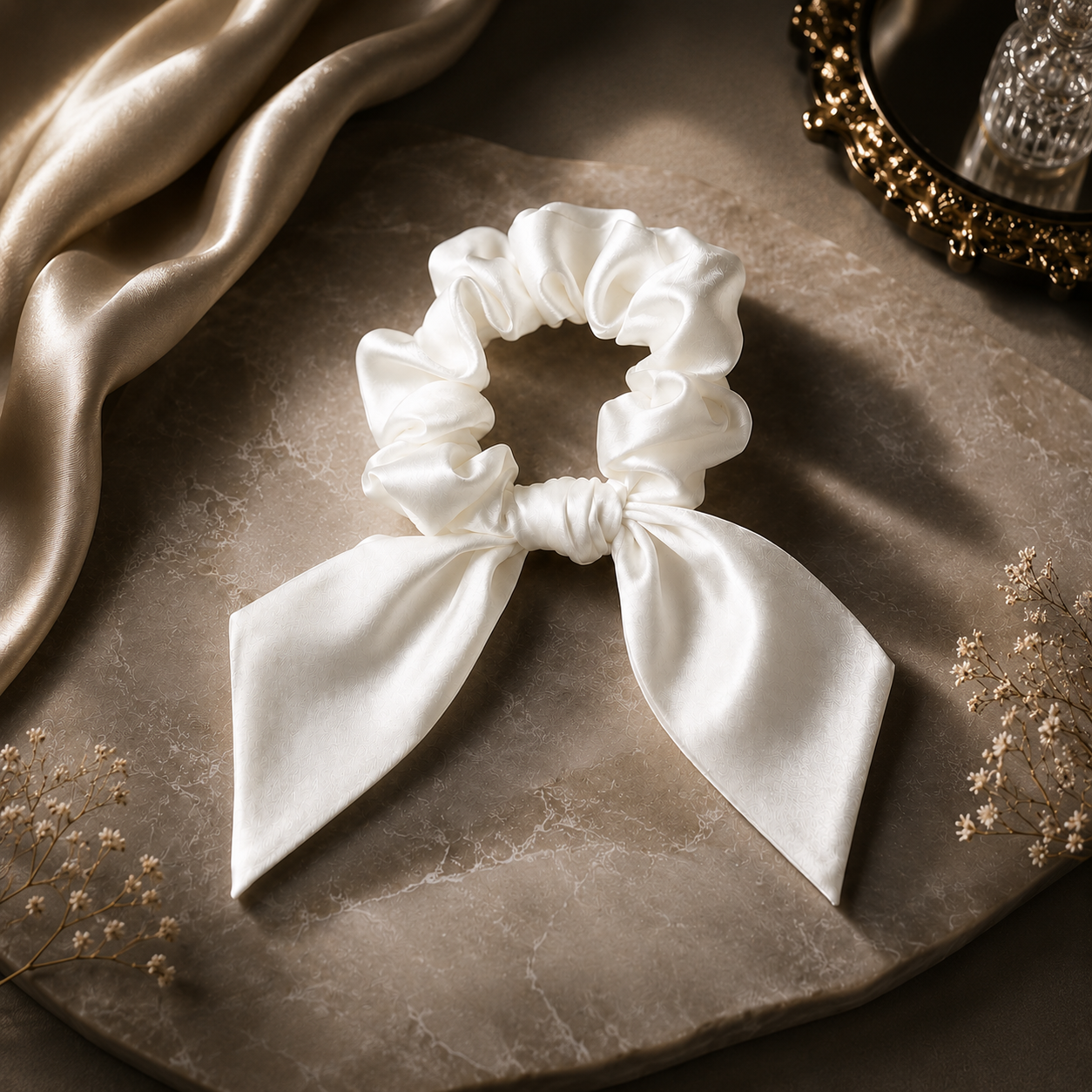 Elegant white silk midi bow scrunchie with flowing ribbon design