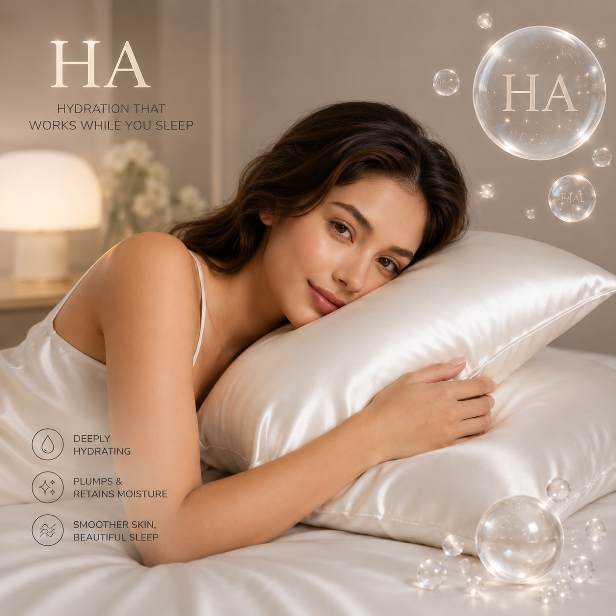 Woman lying on a bed with HA pillows, surrounded by glowing bubbles.