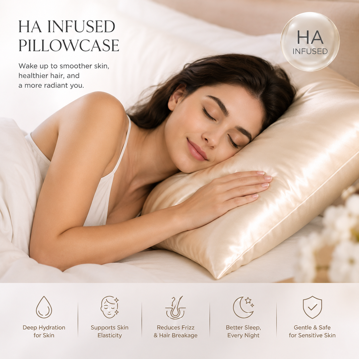 Woman sleeping with a HA infused pillowcase, highlighting its benefits.