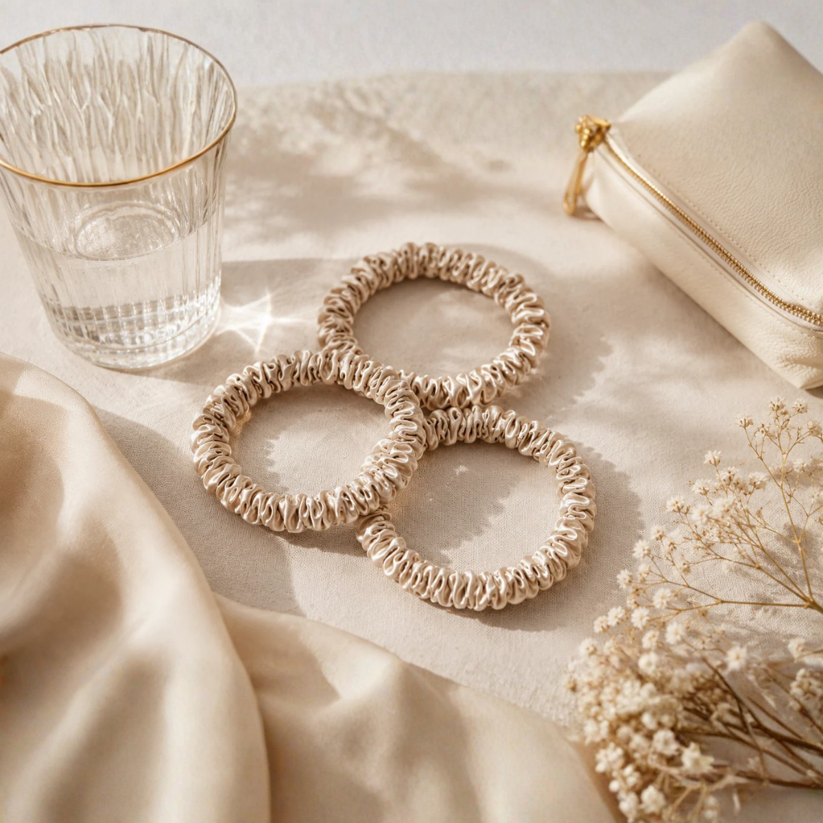 Luxury silk scrunchies displayed on a soft satin background