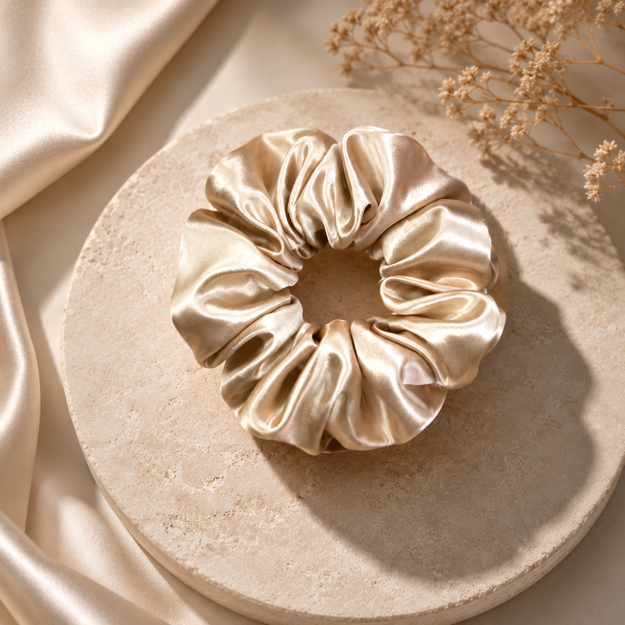 Luxury silk classic beige scrunchie displayed on a soft satin background