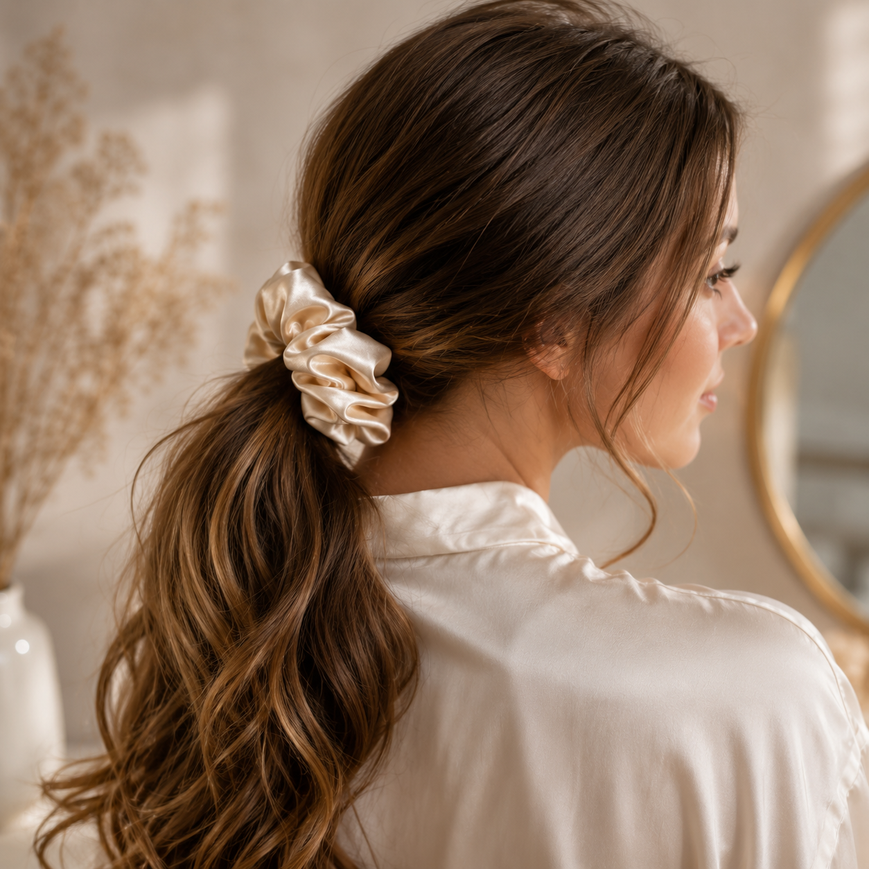 Woman wearing a champagne silk classic beige scrunchie in a low ponytail hairstyle