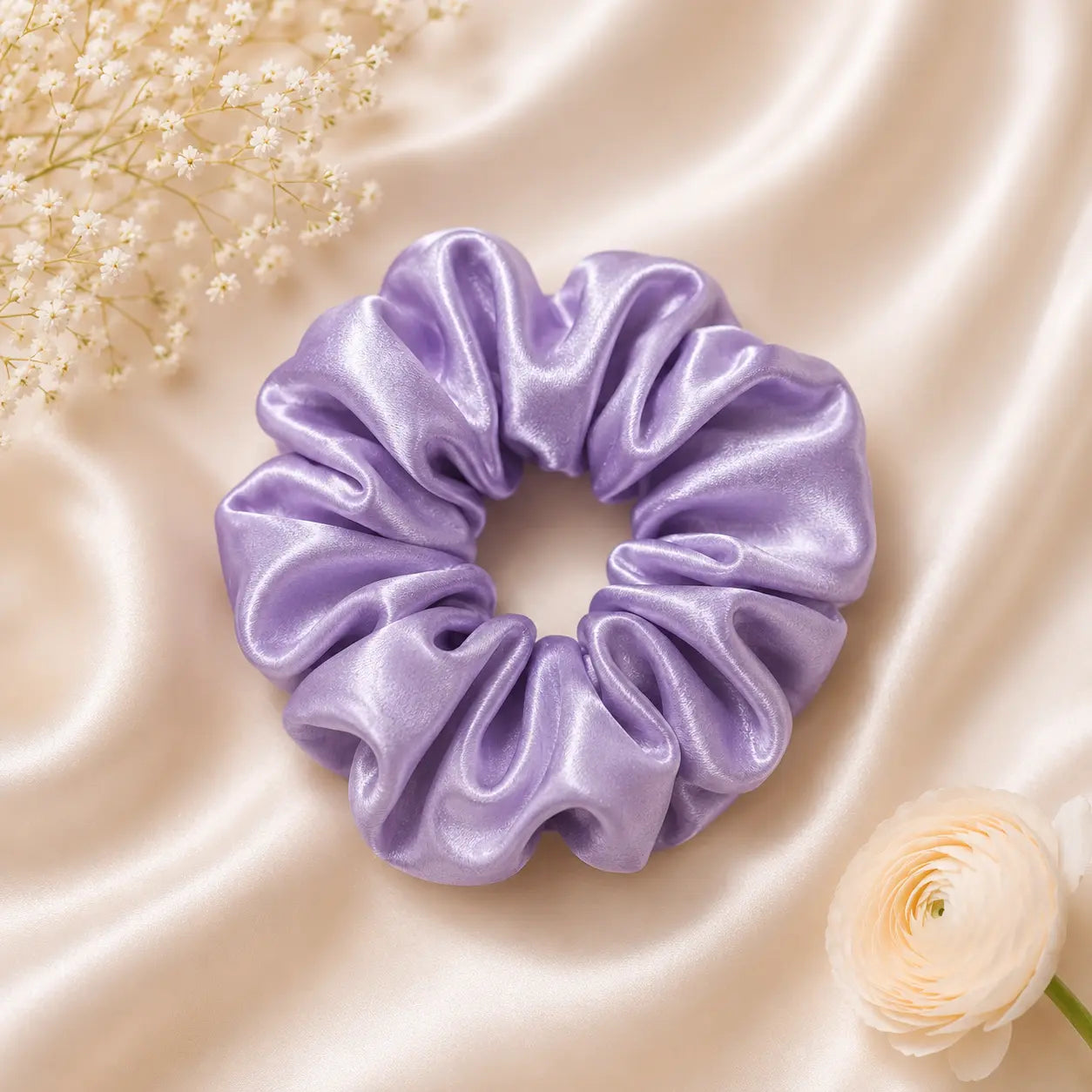 Luxury silk classic lilac scrunchie displayed on a soft satin background