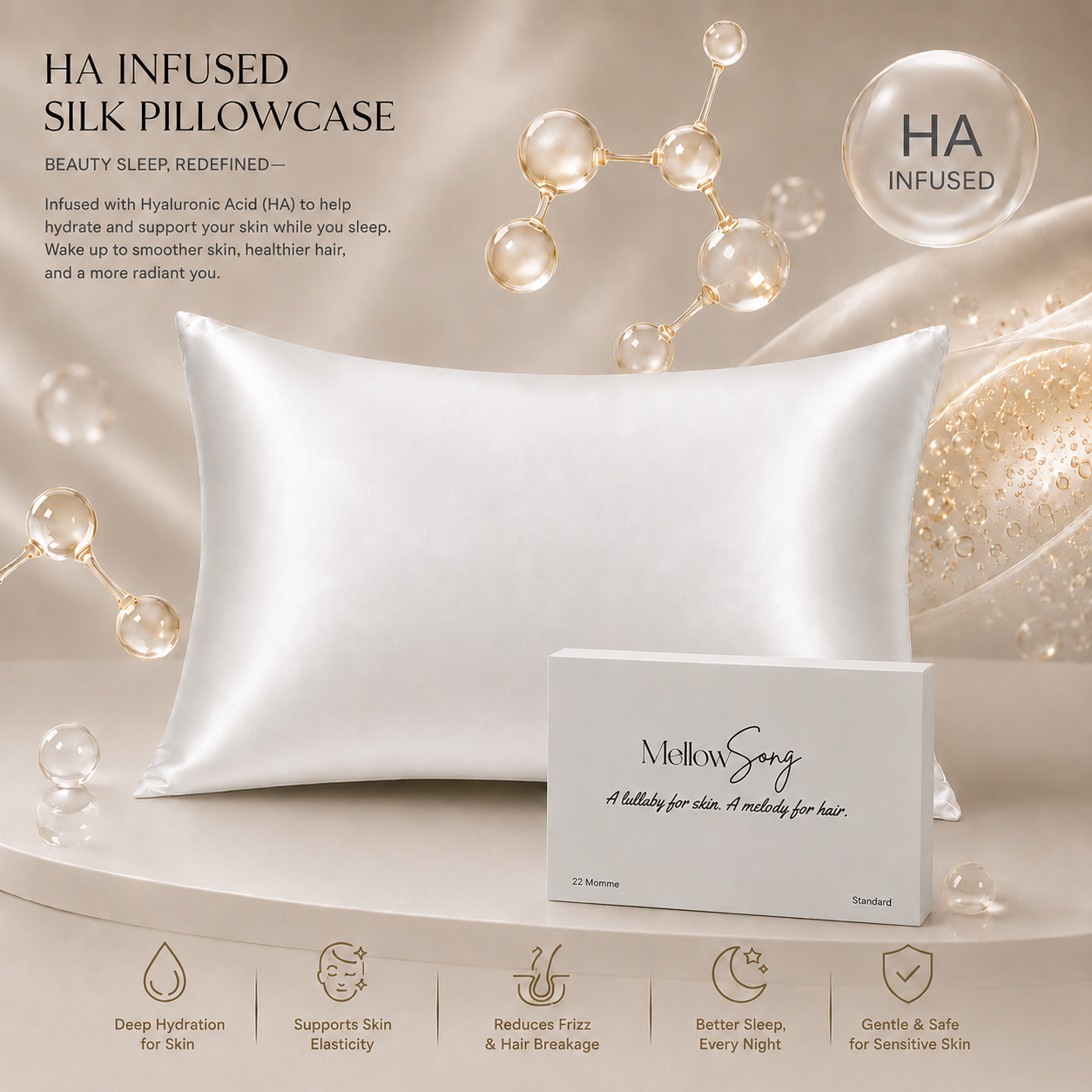 Silk pillowcase with packaging on a beige background, featuring HA-infused technology.