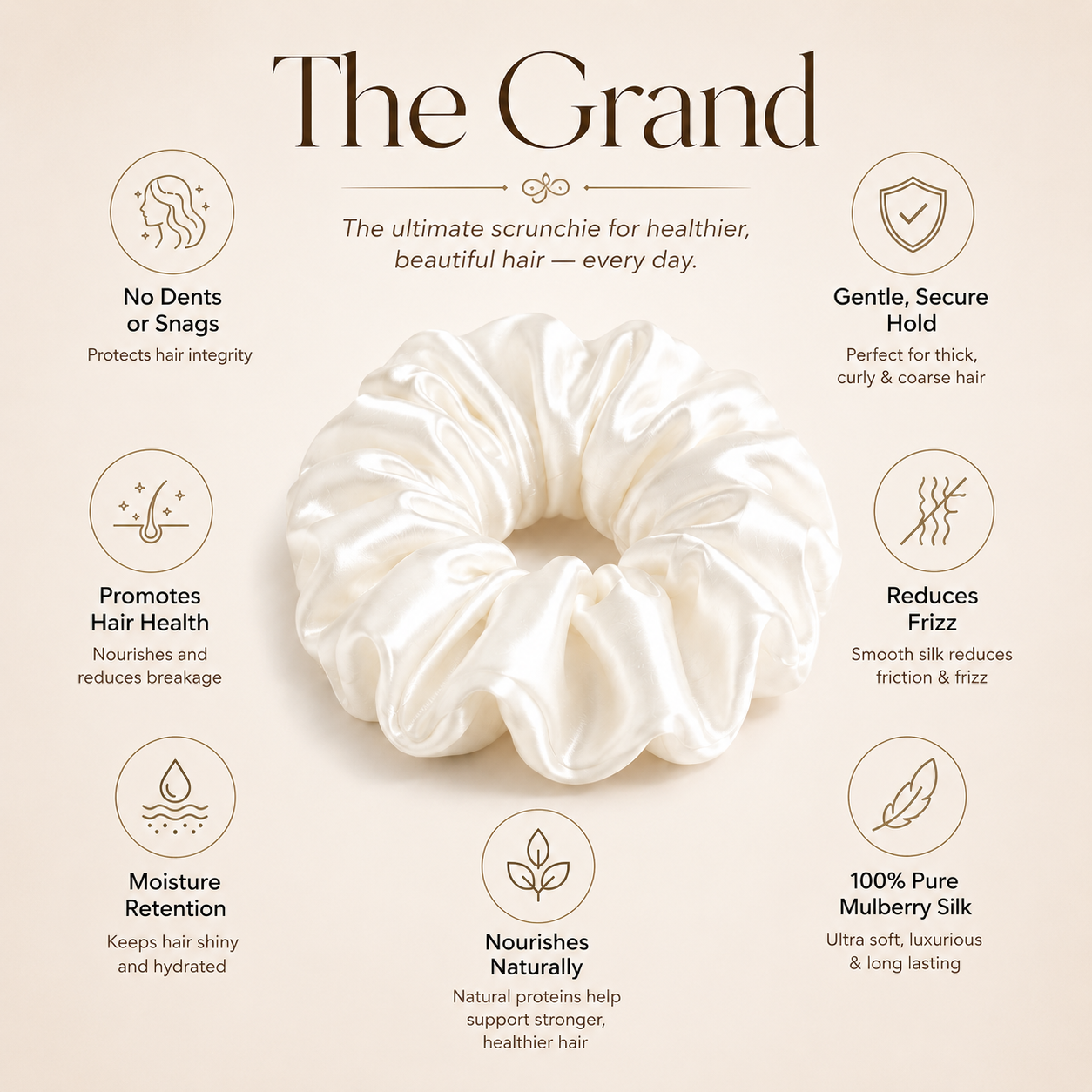 22 momme silk grand white scrunchie features information