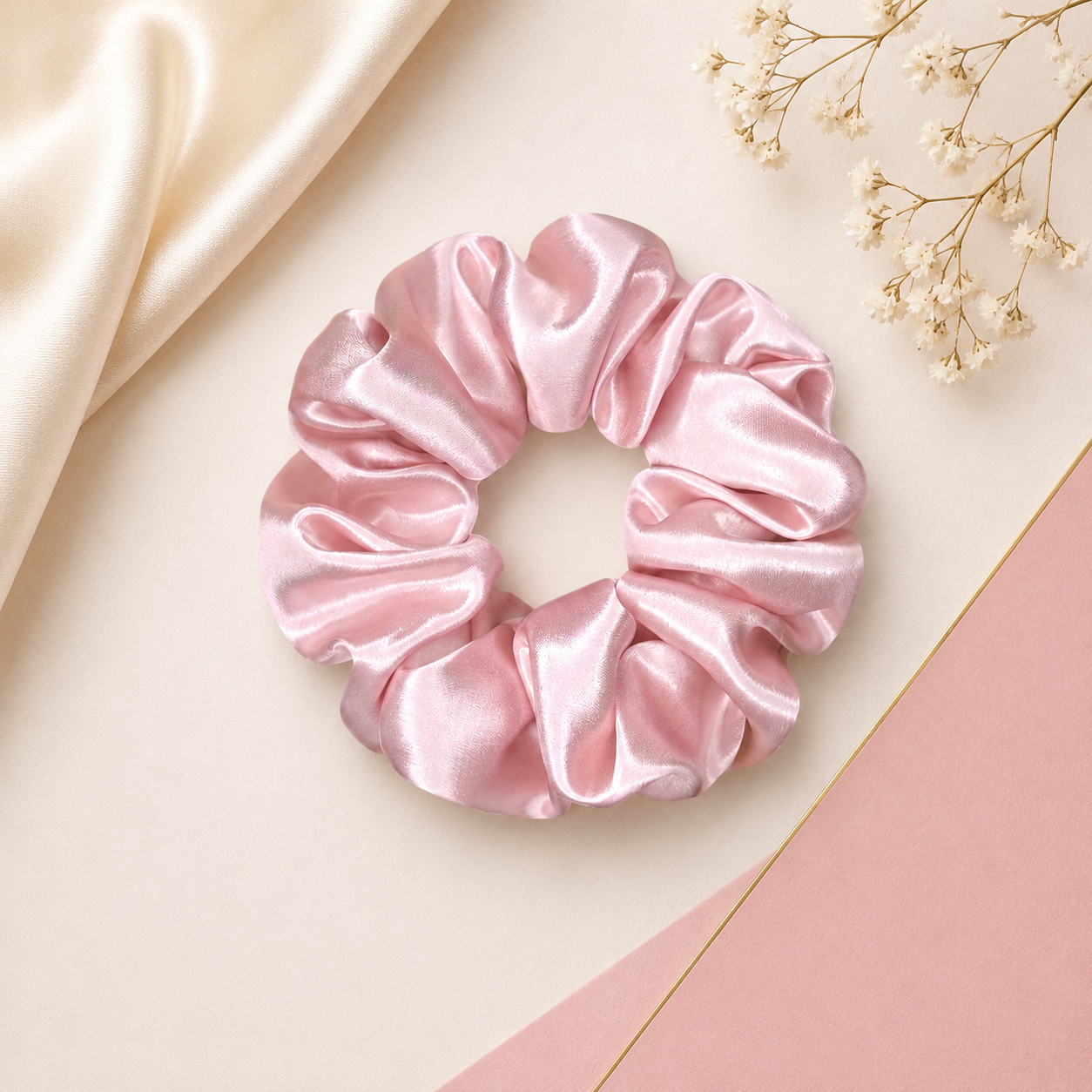 Luxury classic pink scrunchie displayed on a soft satin background