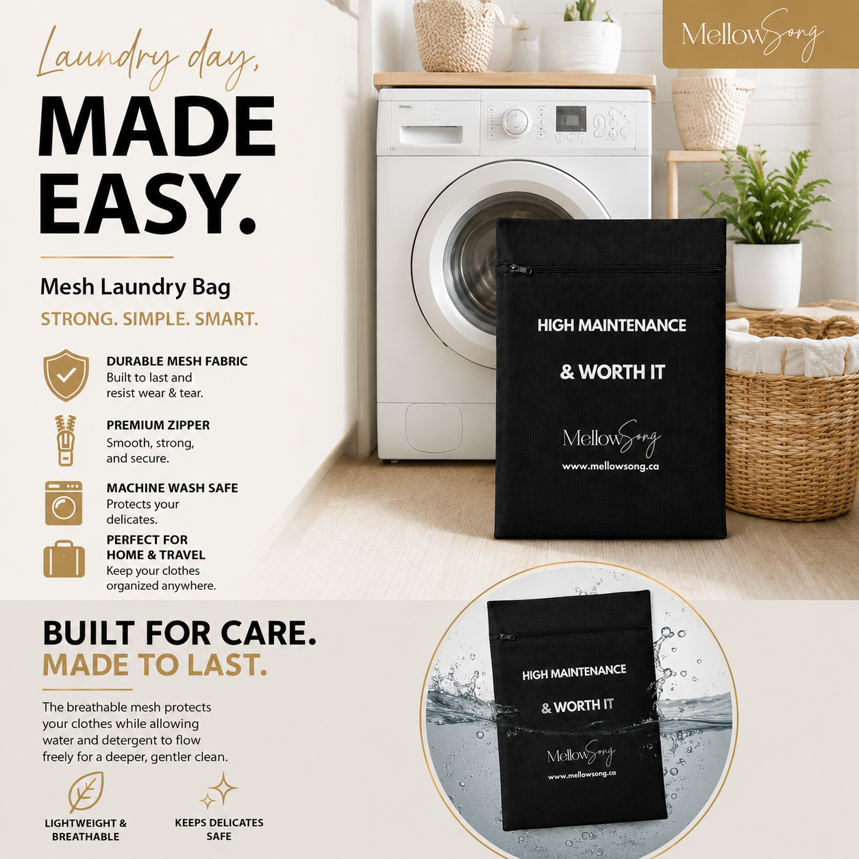 Infographic for the Mellow Song black delicates laundry bag featuring the text "HIGH MAINTENANCE & WORTH IT". Displays key selling points: durable mesh, premium zipper, machine wash safe, lightweight, and ideal for home or travel use.